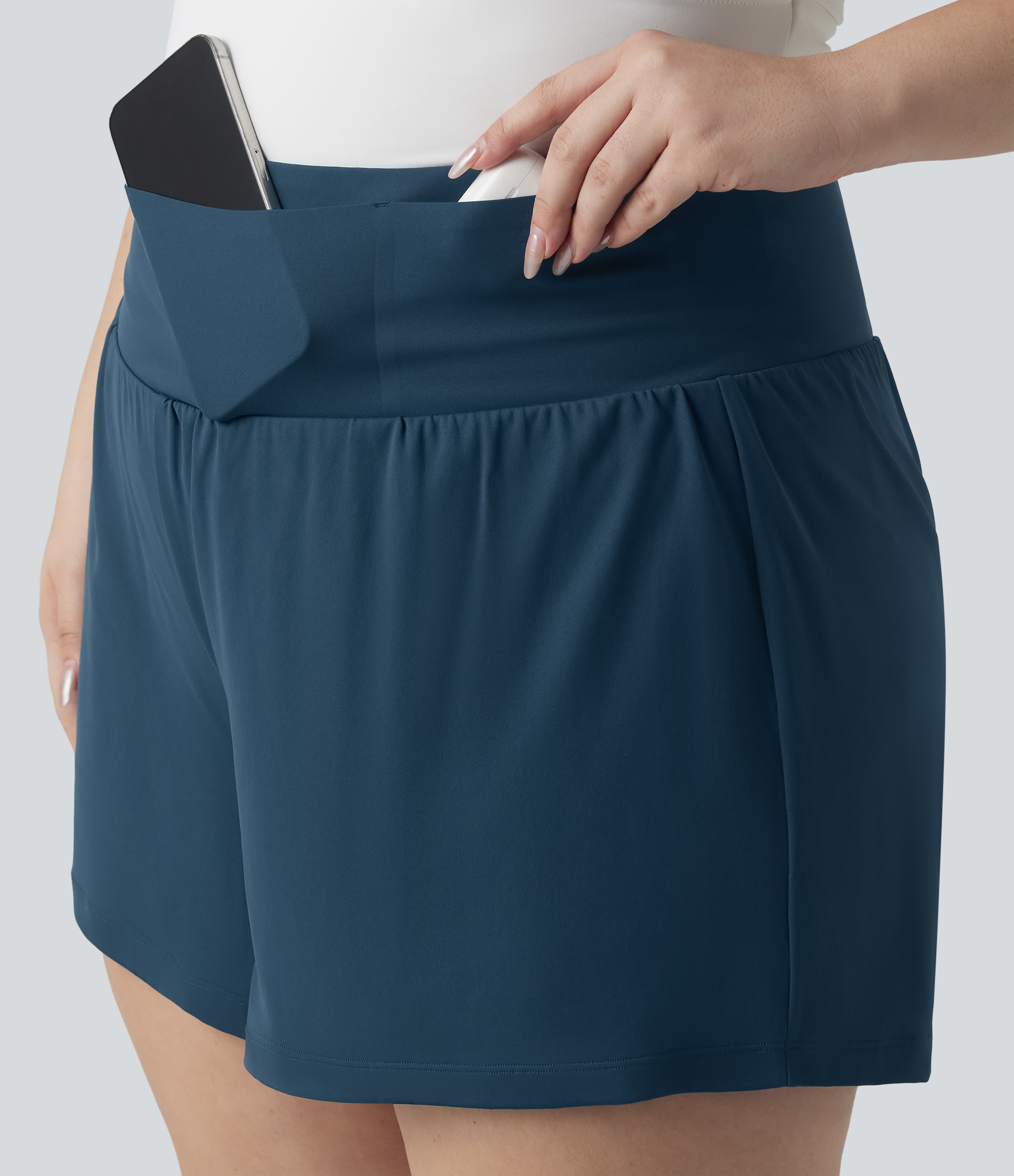 Majolica Blue Plus Size Softlyzero™ Airy High Waisted Tummy Control 2-in-1 InstantCool Yoga Shorts 5'' with Pockets / 2