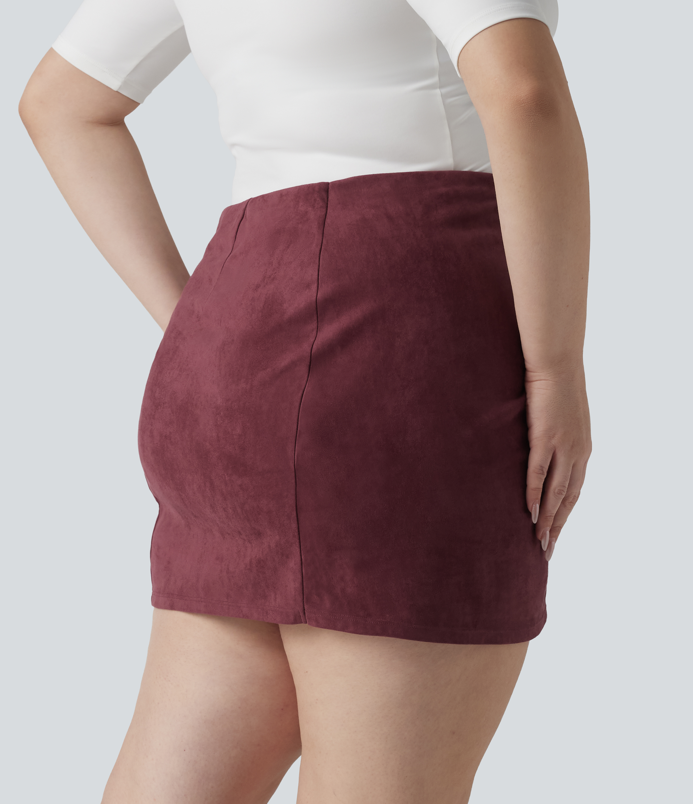 Chocolate Truffle Plus Size High Waisted Ruched Crossover Hem Bodycon Mini Suede Casual Skirt / 2