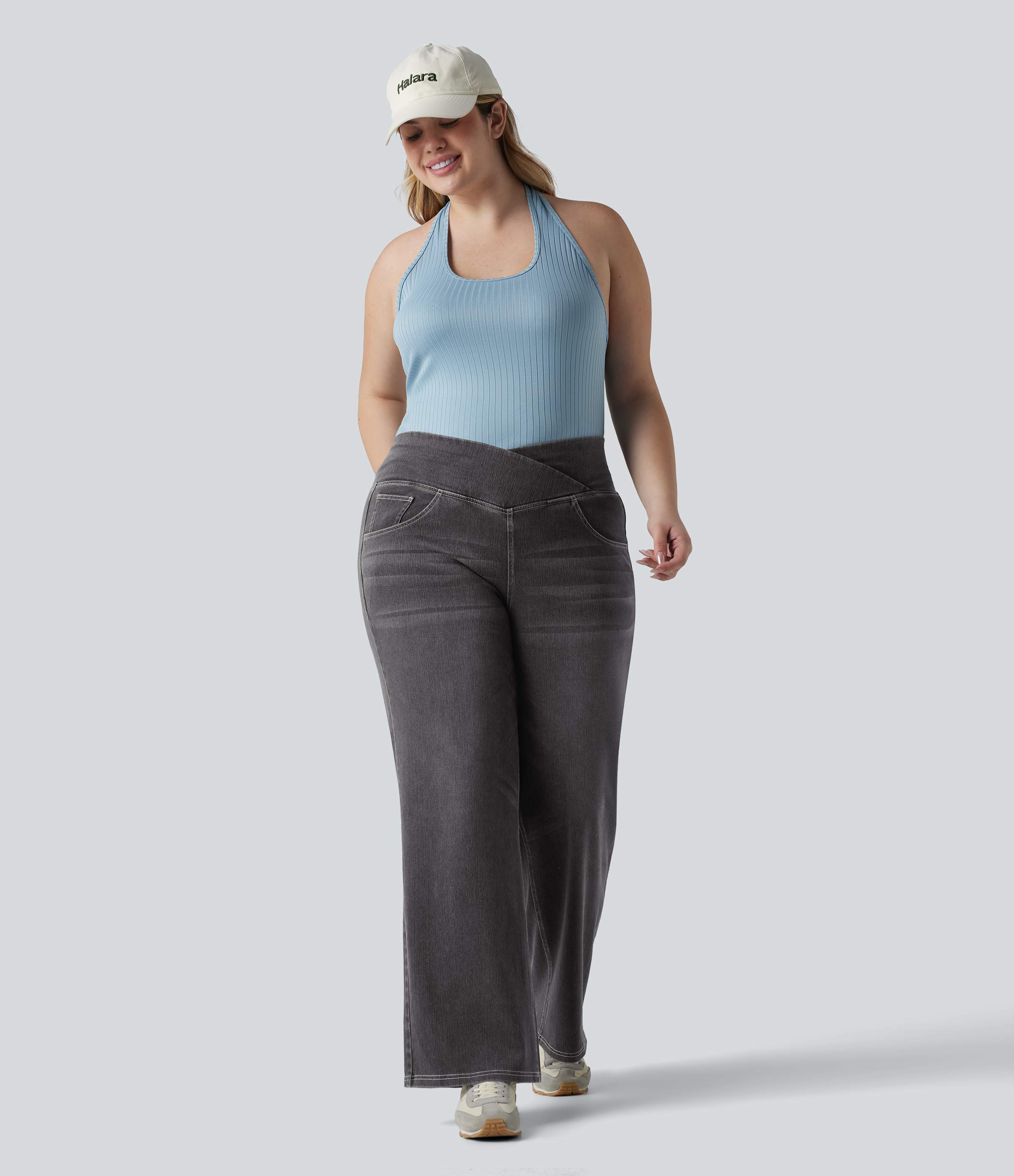 Halara Flex™ Crossover High Waisted Tummy Control Casual Straight Leg Plus Size Jeans with Pockets