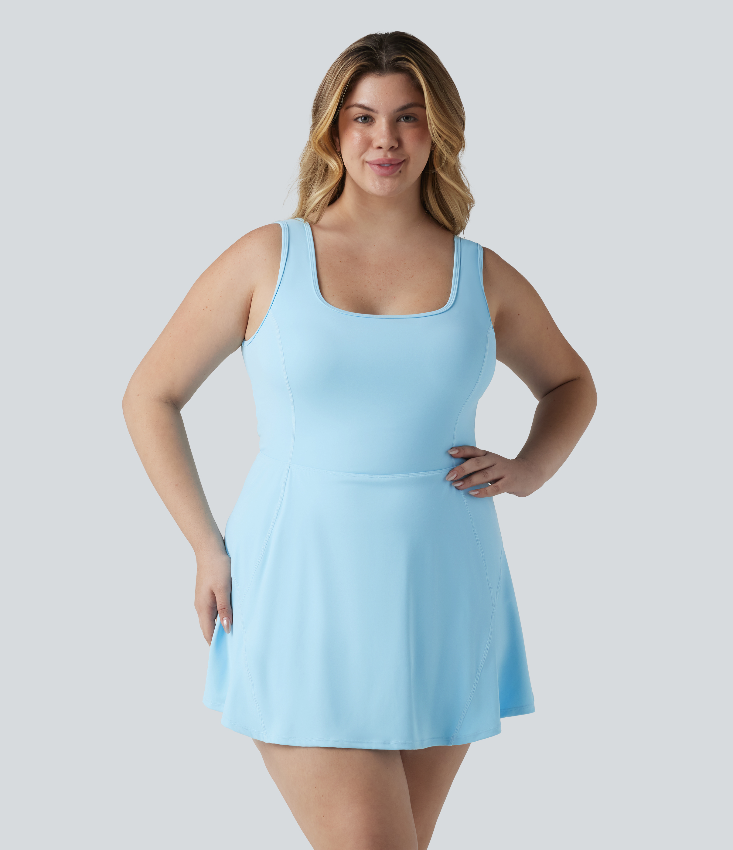Plus Size SoftlyZero™ Airy U Neck Built-in Bra 2-in-1 InstantCool Mini Yoga Active Dress with Pockets-Easy Peezy Edition