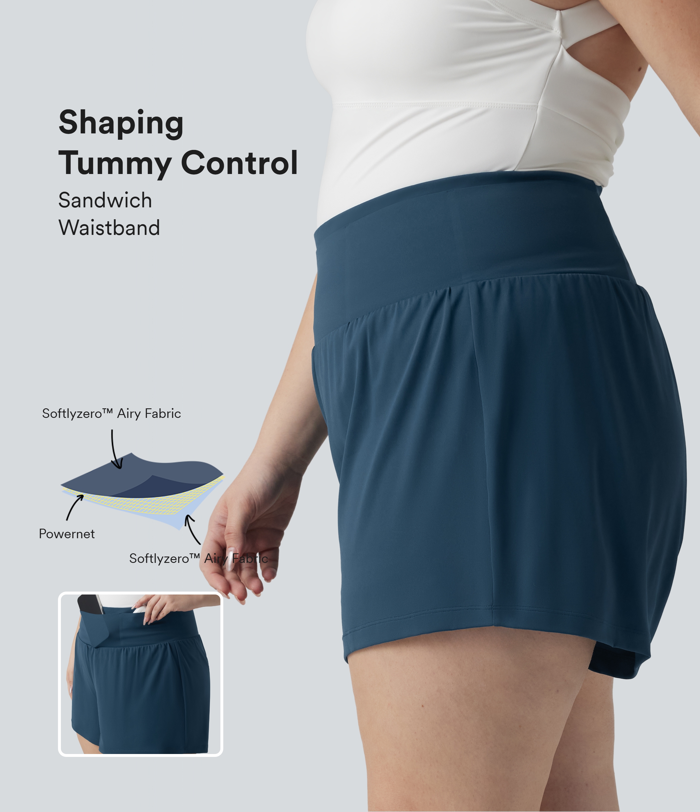 Short yoga Softlyzero™ Airy grande taille effet ventre plat 2-en-1 effet frais, entrejambe 13cm taille haute avec poches