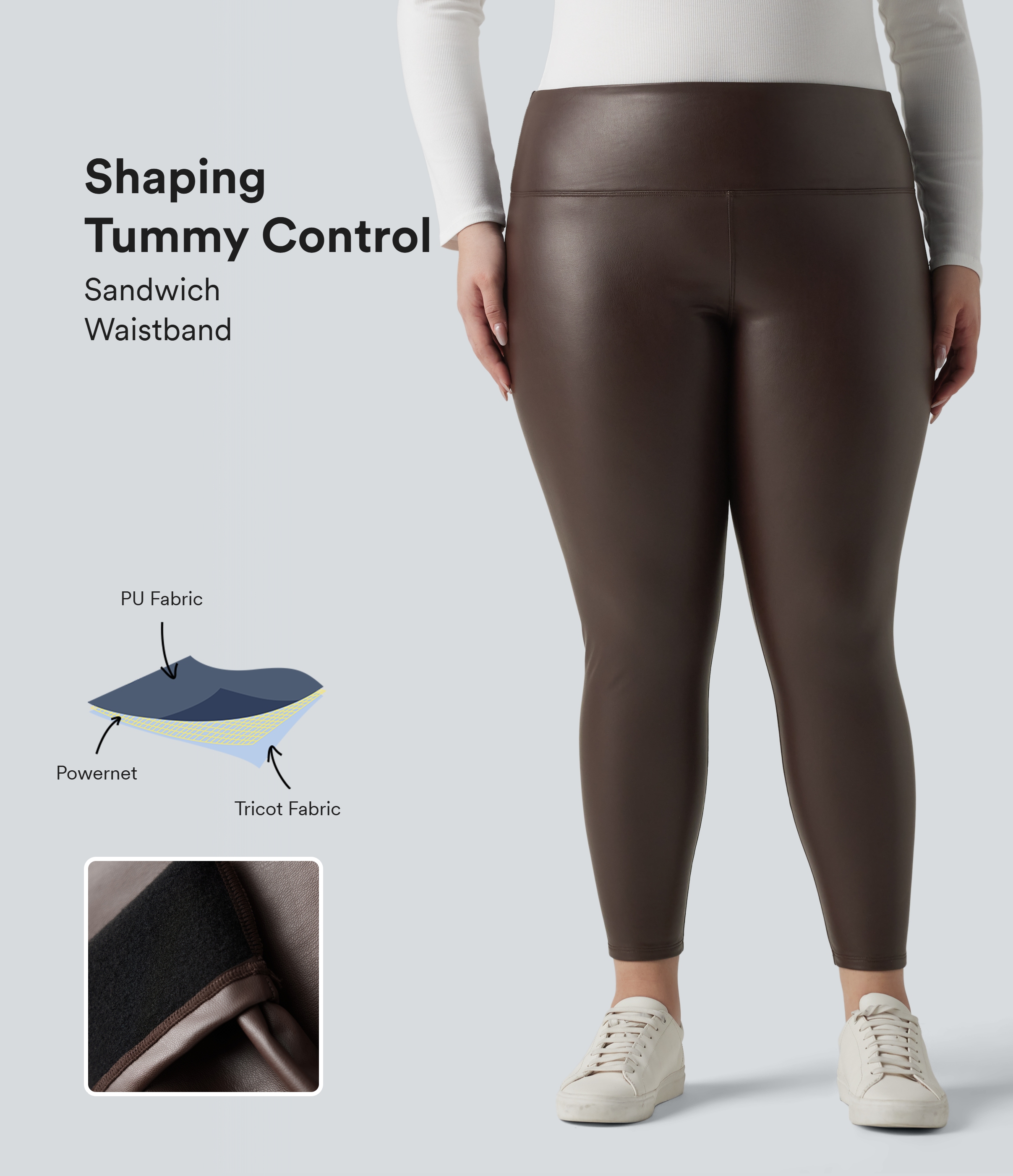 7/8-Skinny-Leggings aus elastischem Kunstleder mit hohem Bund, Gesäßtaschen und Bauchkontrolle - Plus-Size