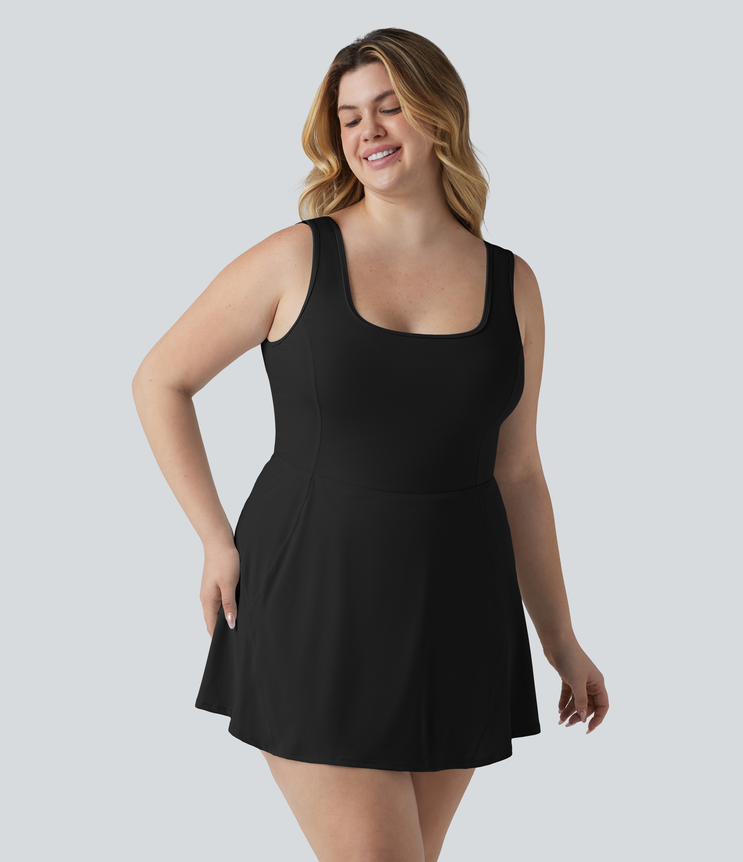 Plus Size SoftlyZero™ Airy U Neck Built-in Bra 2-in-1 Cool Touch Mini Yoga Active Dress with Pockets-Easy Peezy Edition
