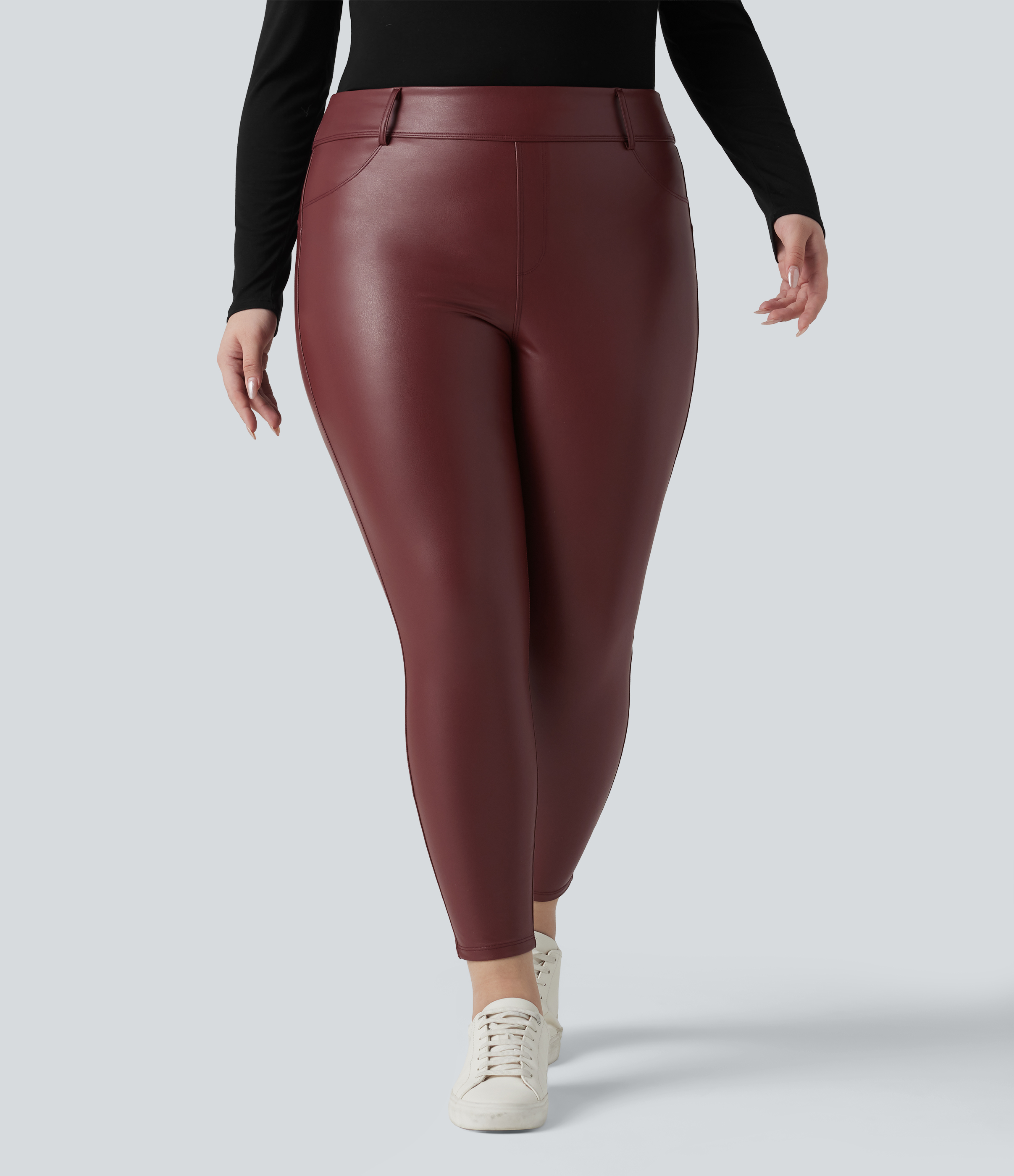 Andorra Leggings grande taille taille haute en polaire PU extensible, décontractés, avec poches / 2