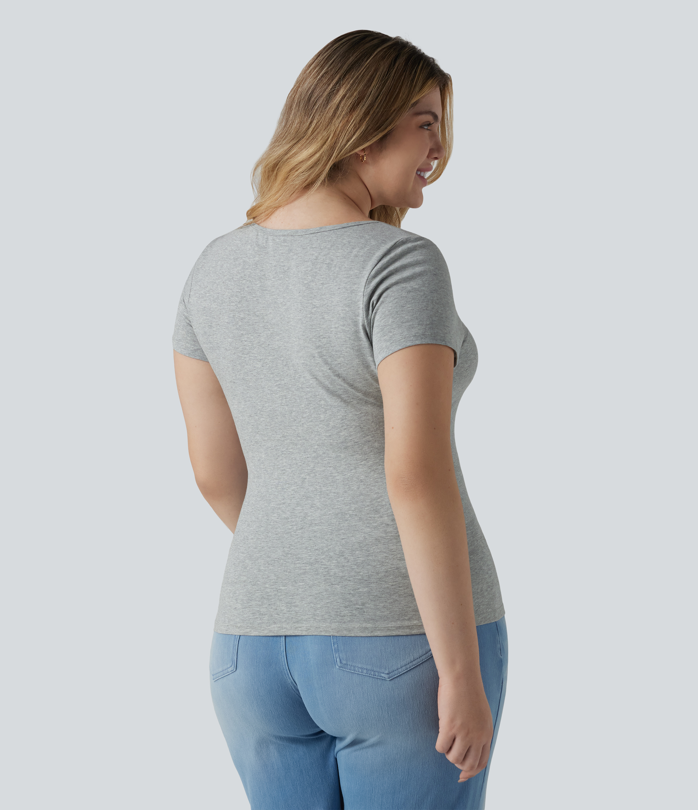 Urban Mist Halara Cotton Jersey Square Neck Short Sleeve Ultra-slim Heathered Casual Plus Size T-Shirt / 2