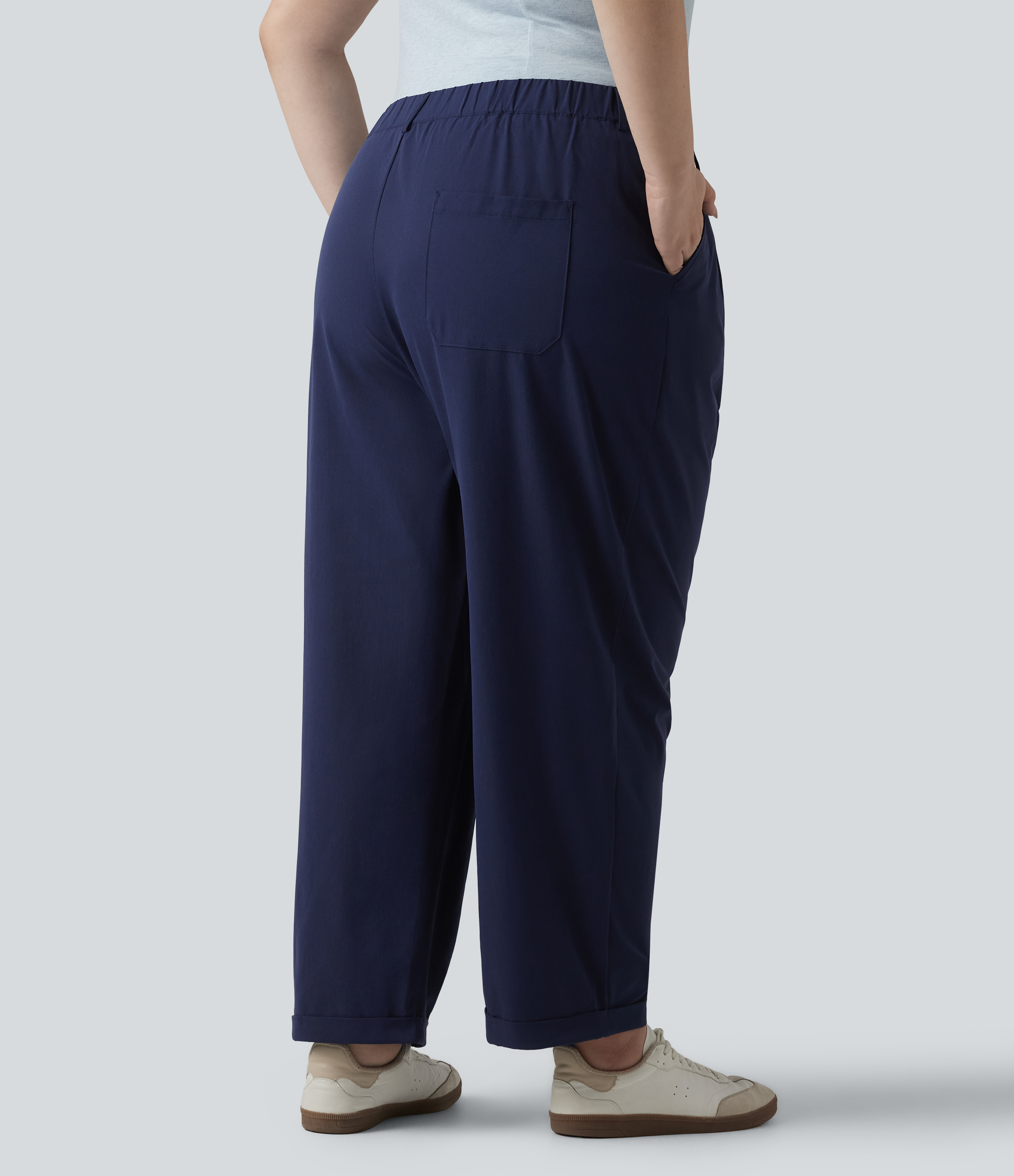 Peacoat High Waisted Pleated Rolled Hem 7/8 Stretchy Poplin Casual Plus Size Tapered Pants with Pockets / 2