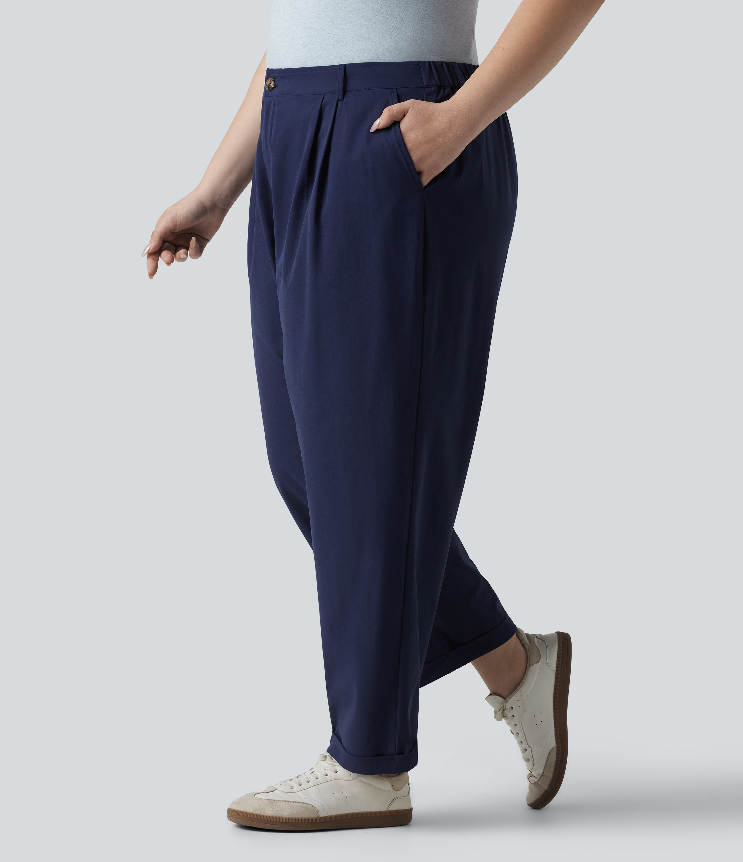 High Waisted Pleated Rolled Hem 7/8 Stretchy Poplin Casual Plus Size Tapered Pants with Pockets