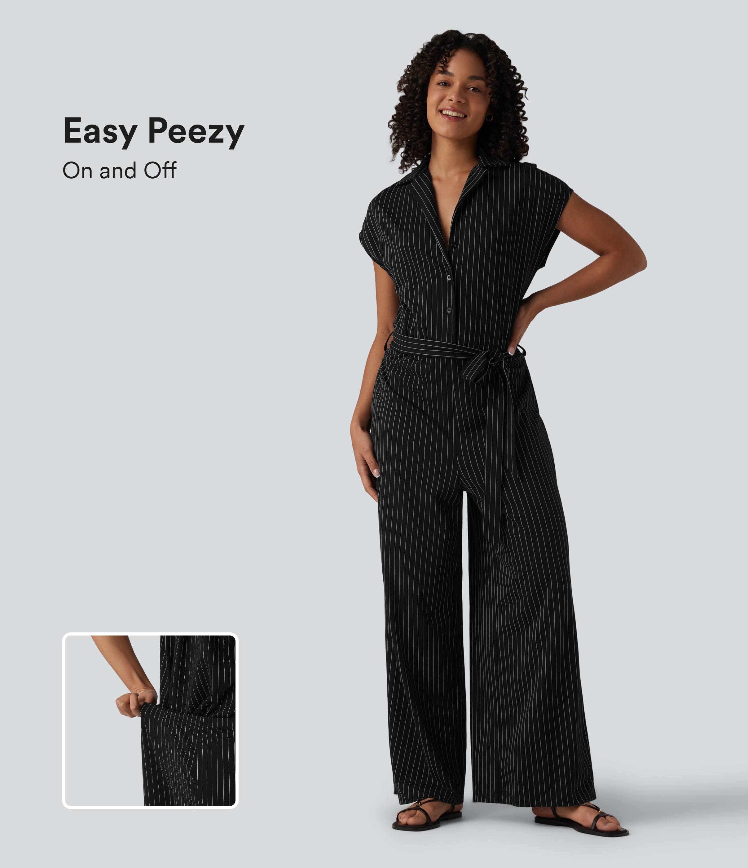 Short Sleeve Belted Stripe Cool Touch Work Shirt Jumpsuit with Pockets-Easy Peezy Edition