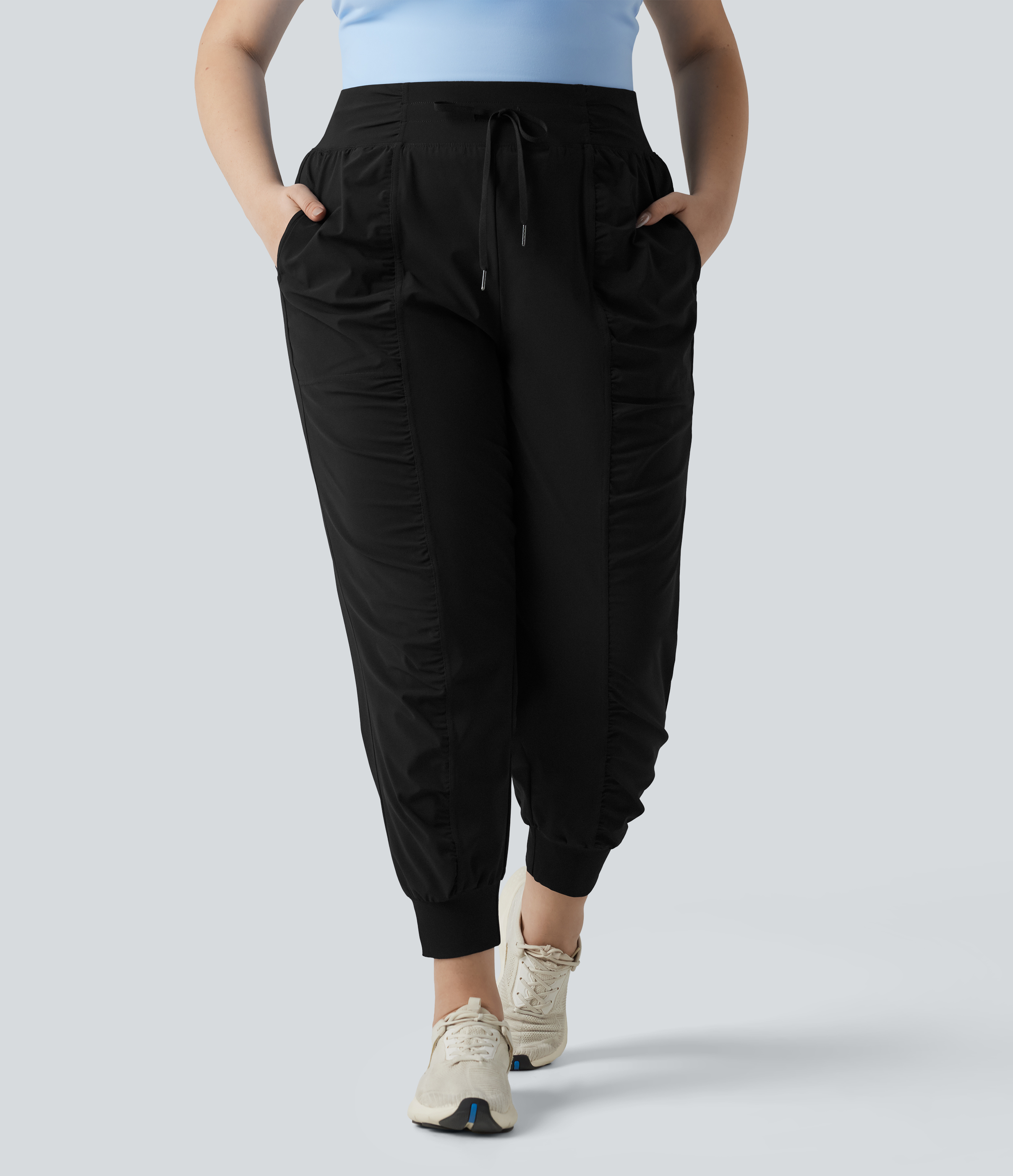 Plus Size High Waisted Drawstring Ruched Tapered Quick Dry InstantCool Dance Joggers with Pockets-UPF40+