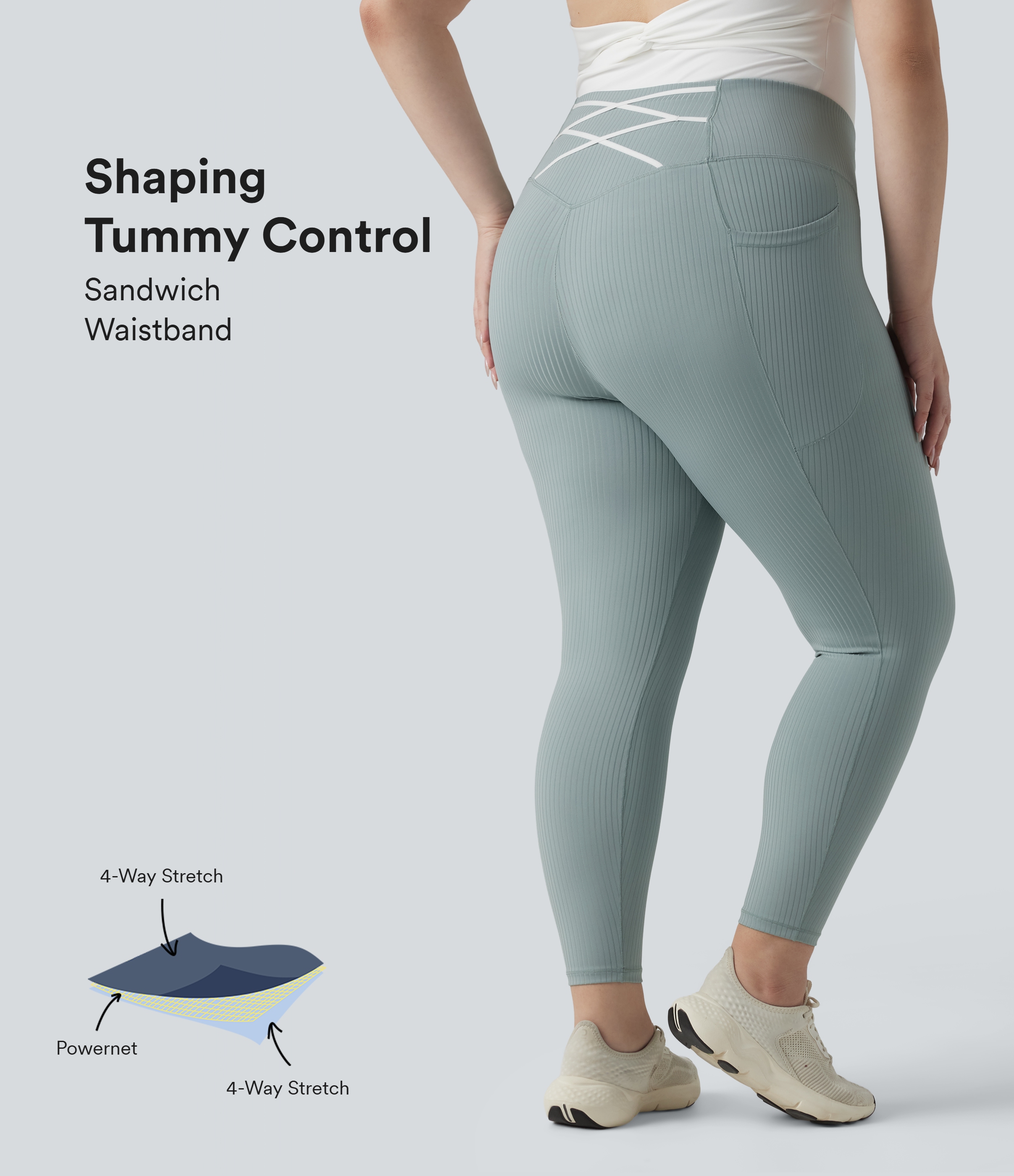 Plus Size Ribbed Knit High Waisted Tummy Control Workout Leggings with Pockets