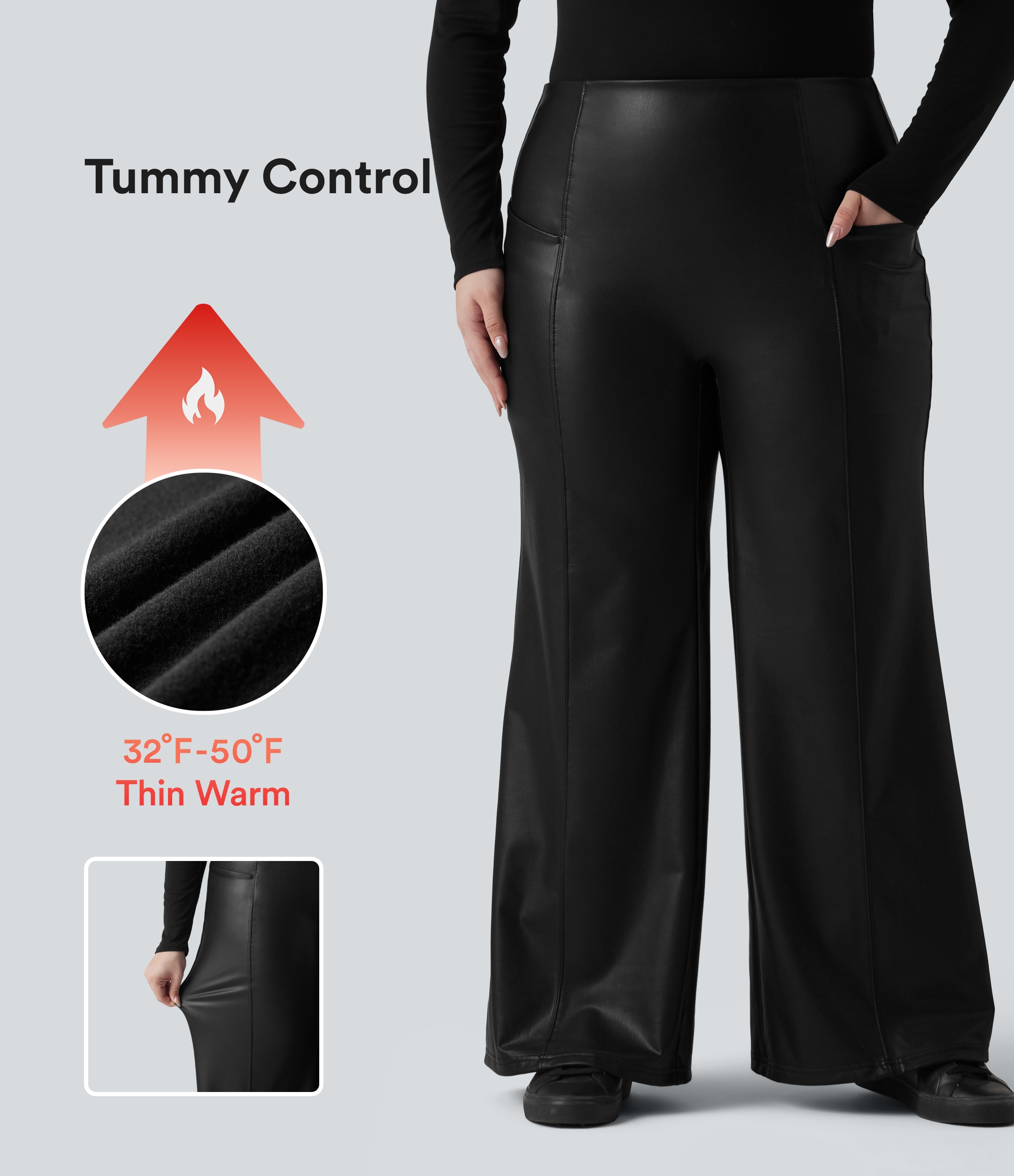 Pantalones acampanados de talle alto para tallas grandes - control de abdomen, elásticos, con forro de PU tipo polar, casuales con bolsillos