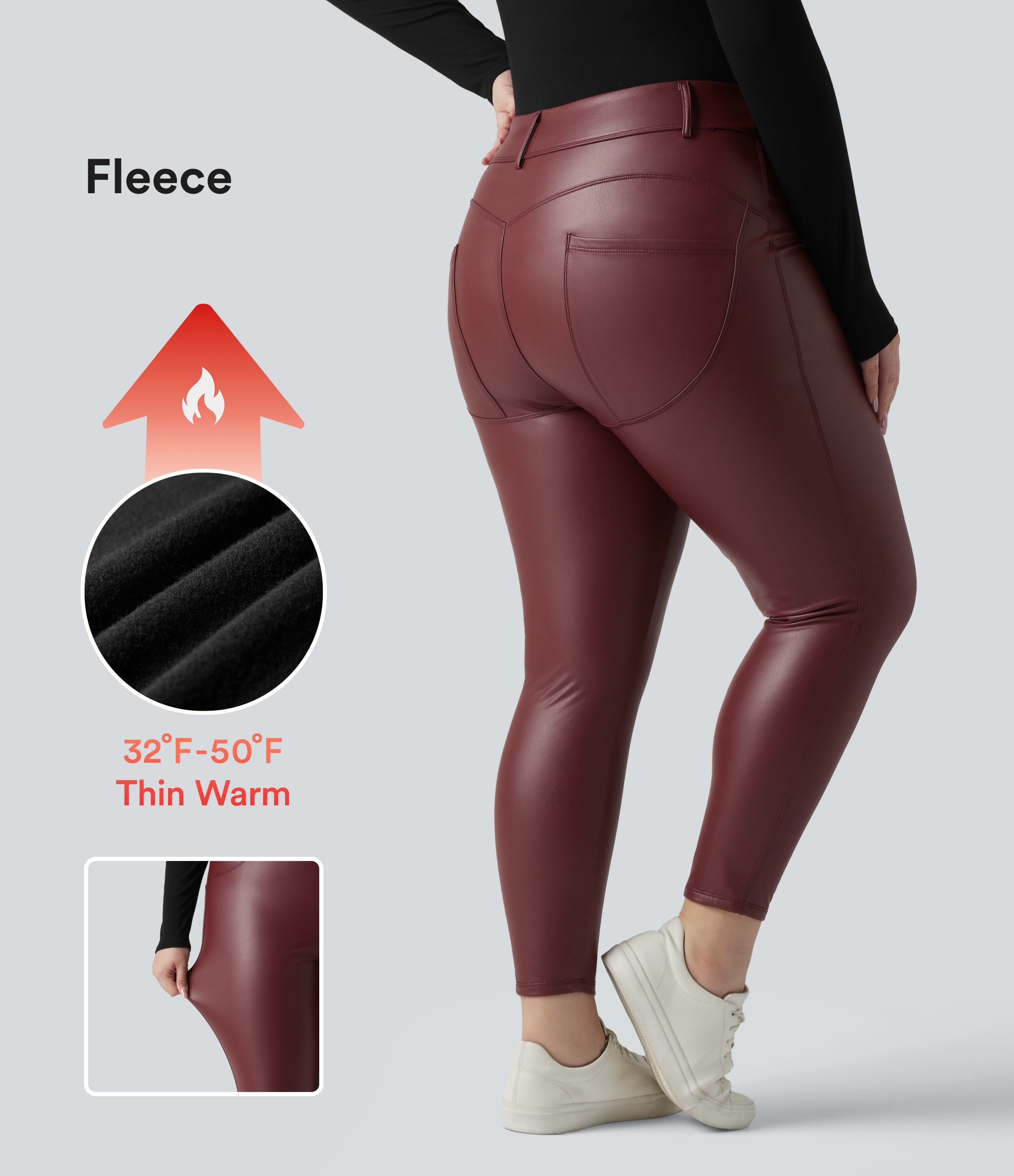 Lässige Leggings aus elastischem Kunstleder mit hohem Bund und Gesäßtaschen - Plus-Size