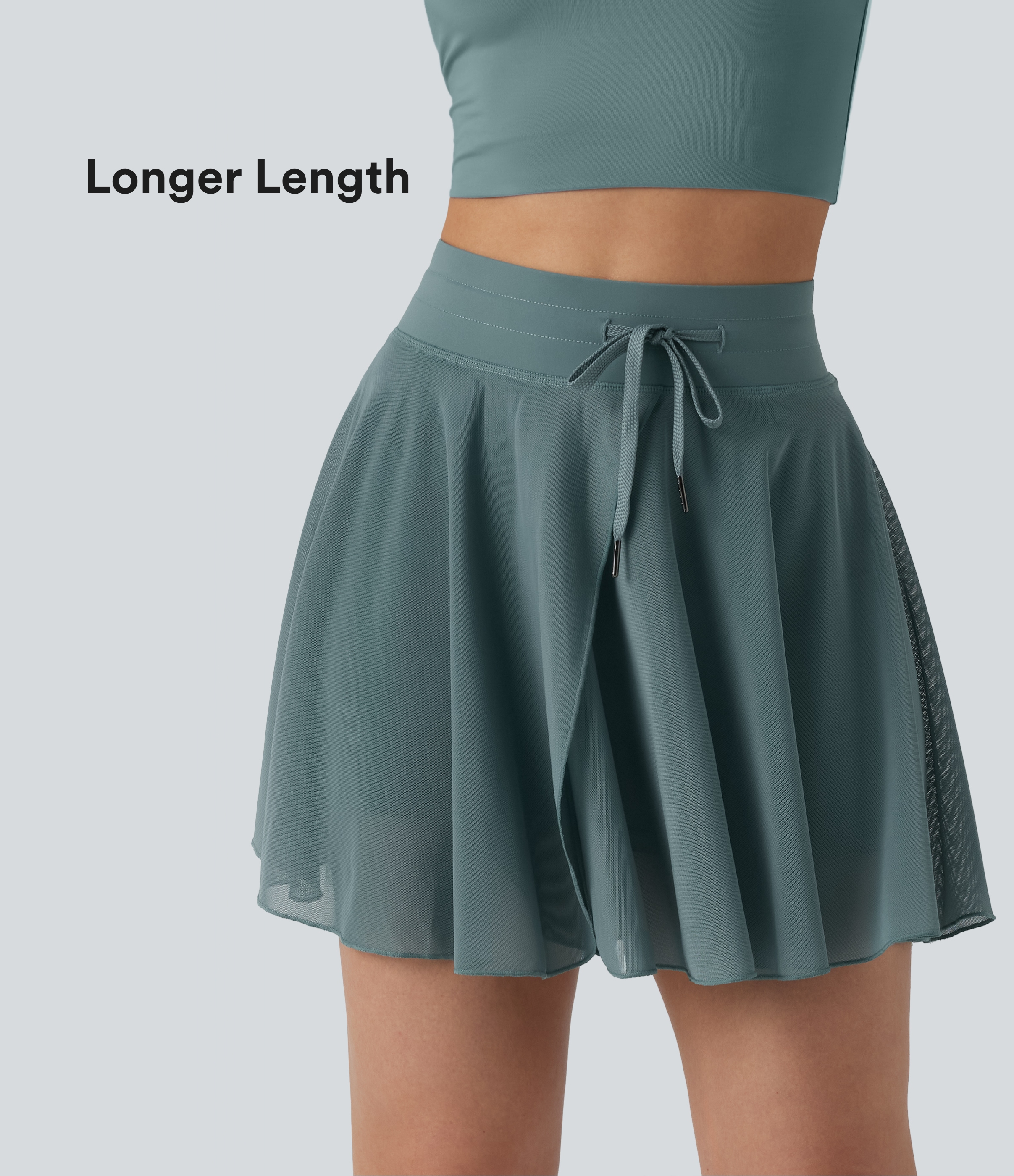 Jupe évasée fluide mini en maille contrastée, taille haute, cordon de serrage, poches et poches - Longueur longue