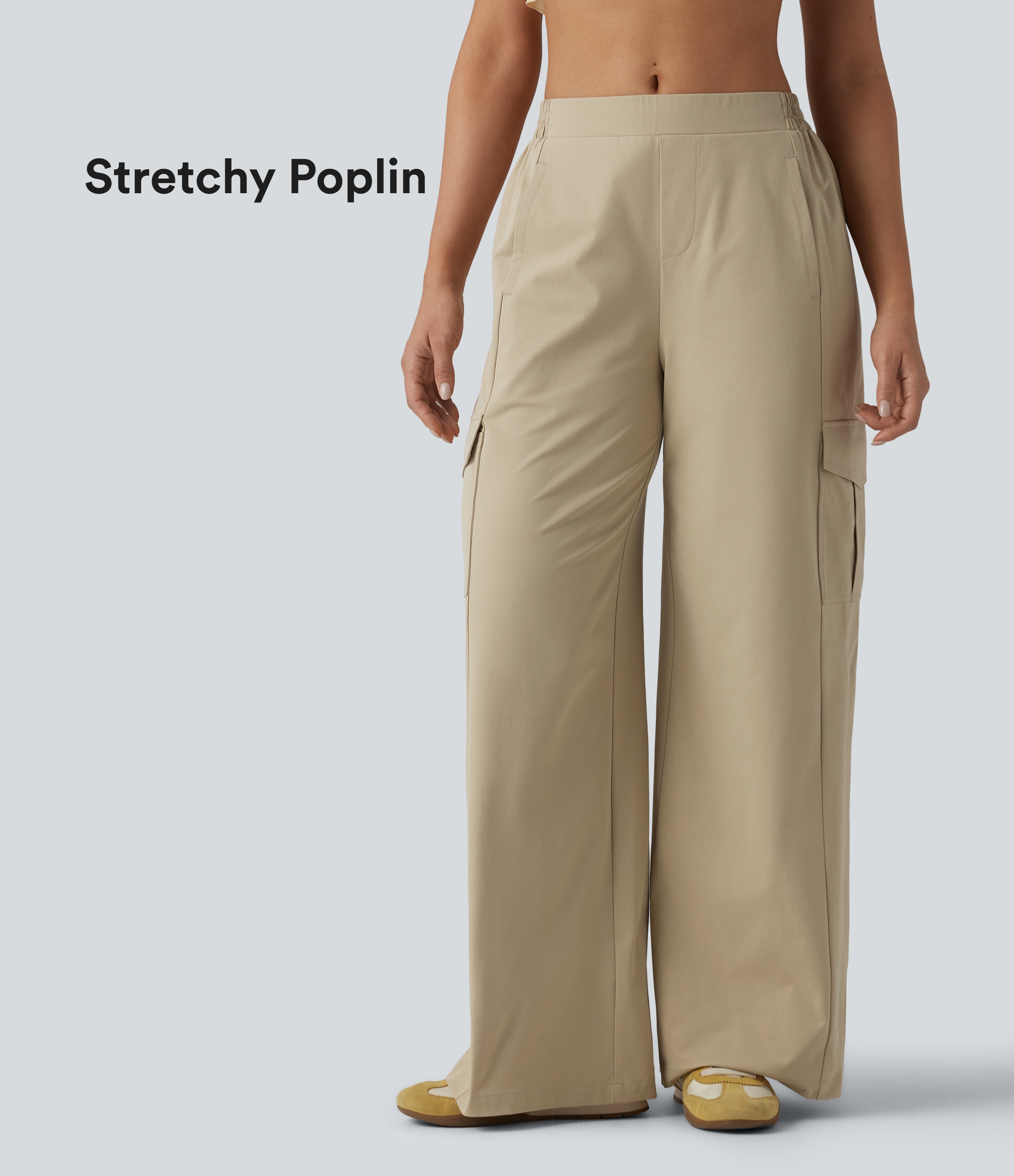 Pantalon cargo décontracté en popeline stretch taille mi-haute, coupe jambe large avec poches