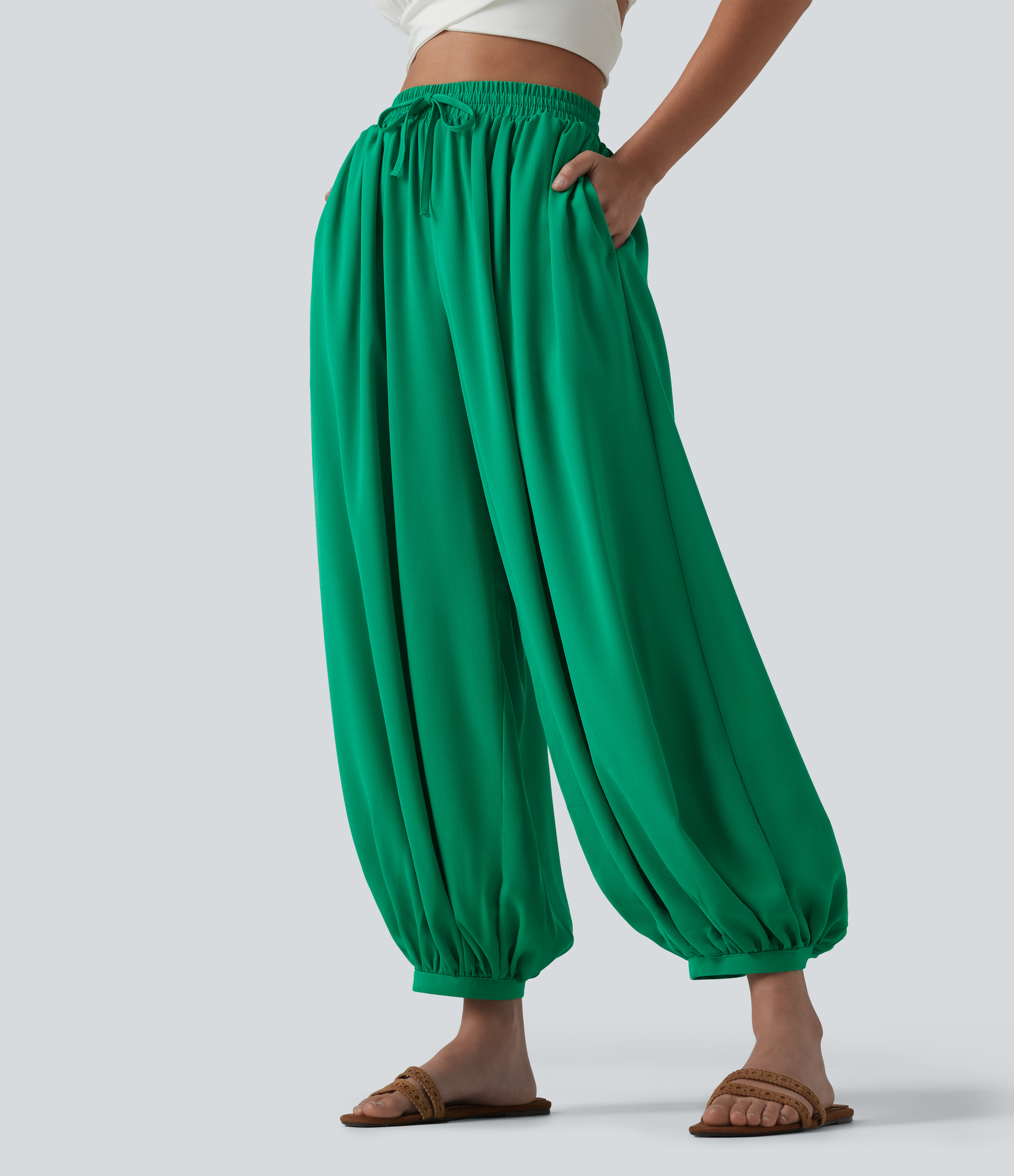 High Waisted Drawstring Linen-Feel Resort Flowy Balloon Trousers with Pockets
