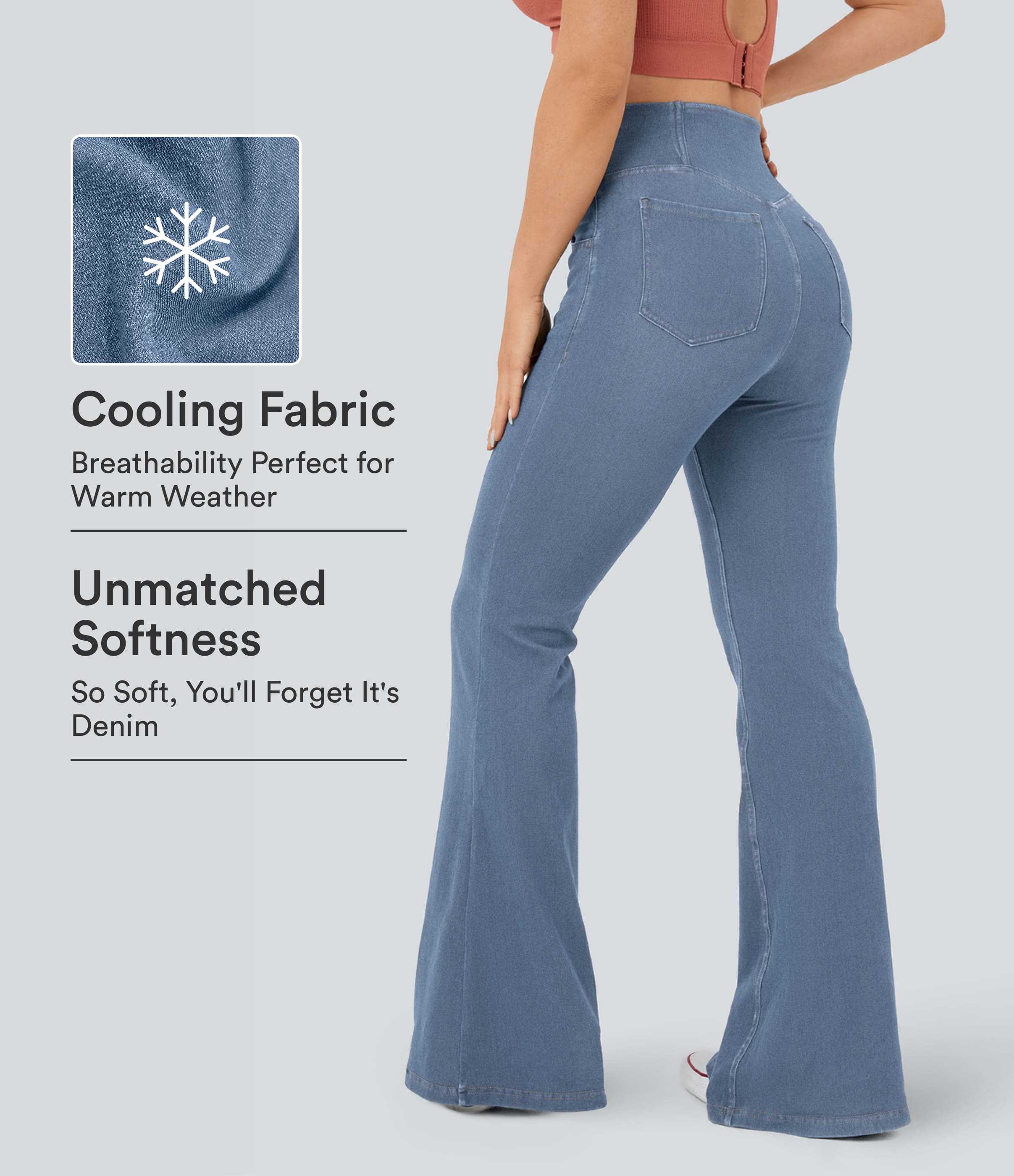 Halara Flex™ Crossover-Flared-Jeans aus elastischem Strick-Denim mit hohem Bund, mehreren Taschen und Cool-Touch