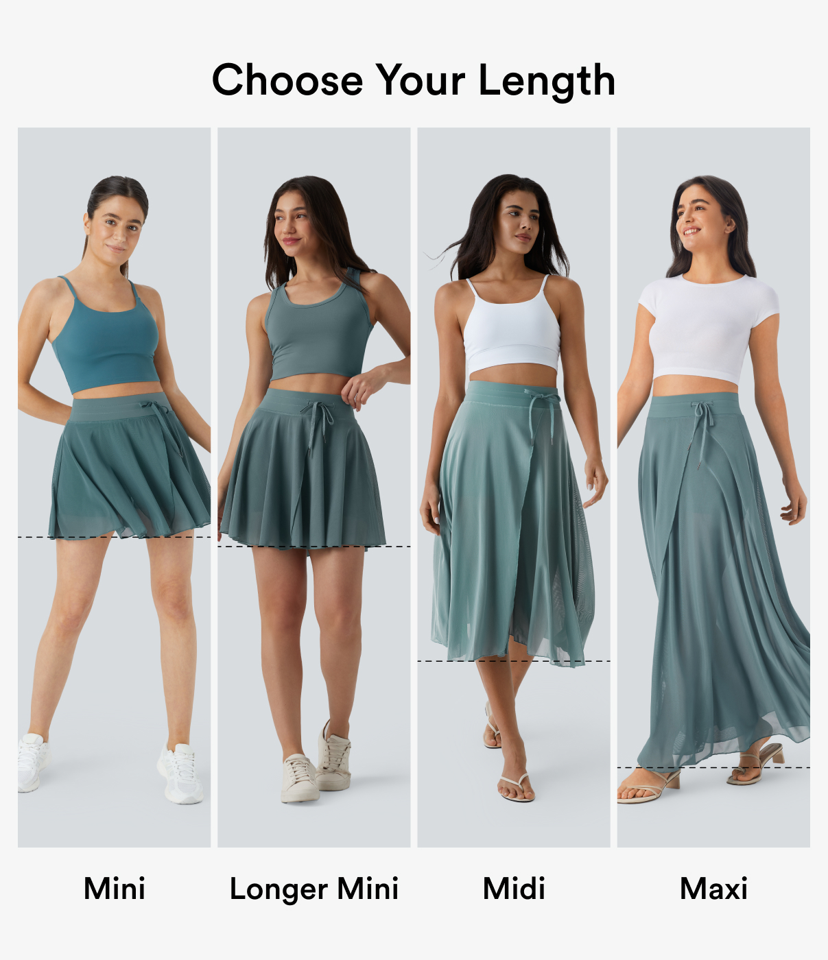 Mineral Blue Jupe mi-longue fluide et évasée, taille haute à cordon, empiècement en mesh contrastant, poche 2-en-1, style décontracté / 2