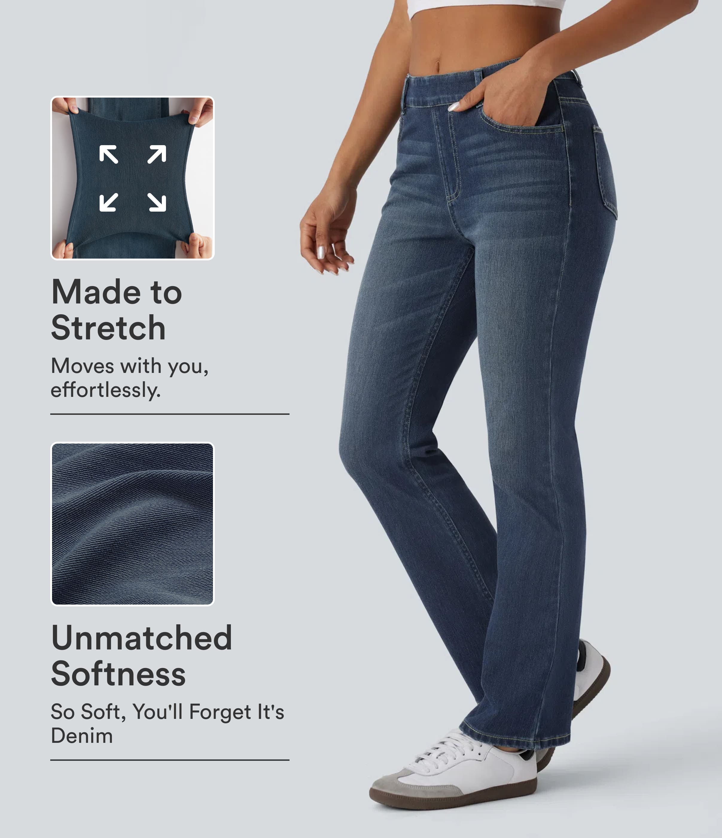Halara Flex™ High Waisted Pockets Washed Casual Bootcut Jeans — Distressed Denim Dark Blue by Halara