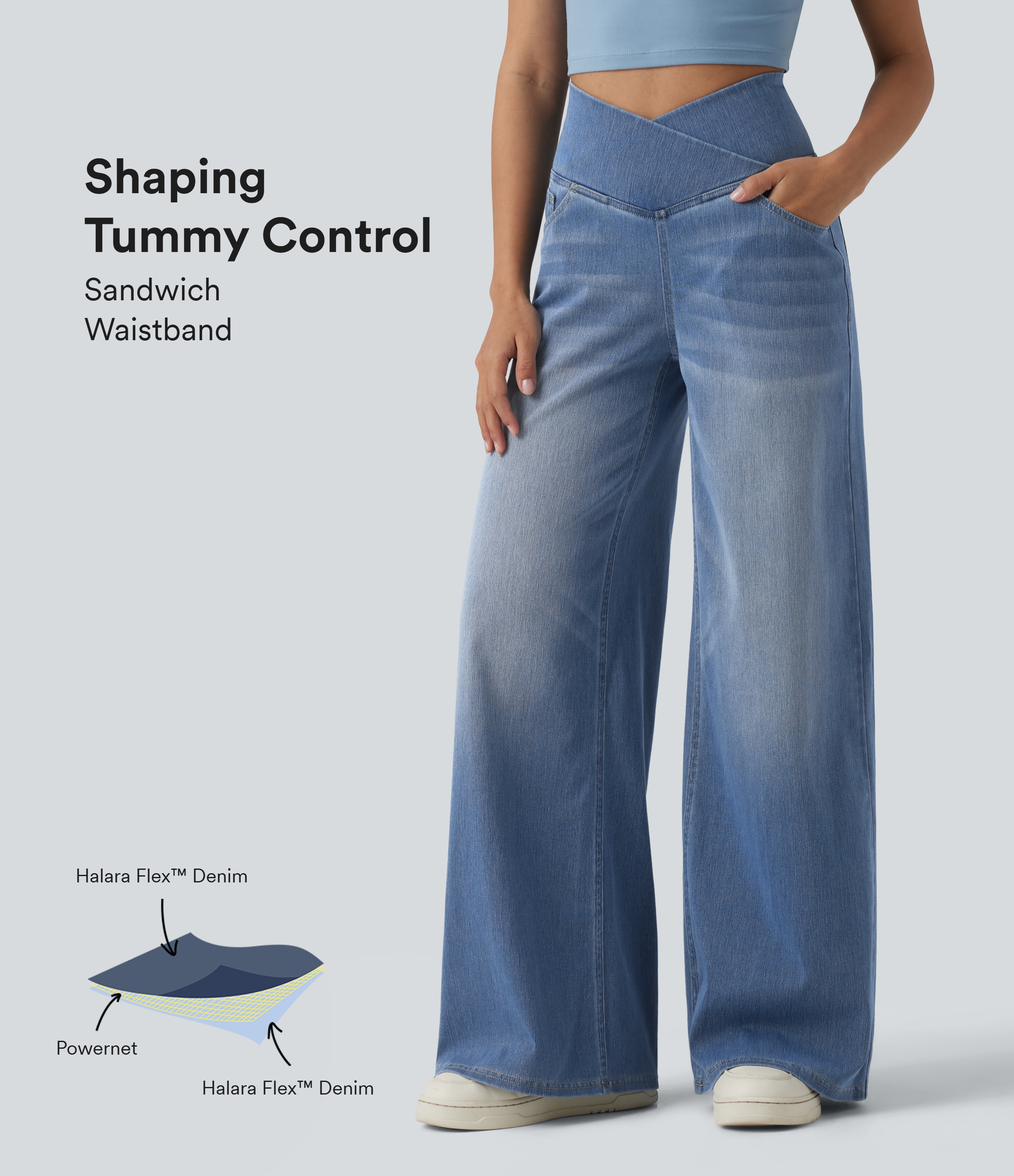 Halara Flex™ - Jeans casuales con cintura alta cruzada, múltiples bolsillos, control de abdomen y pierna ancha.