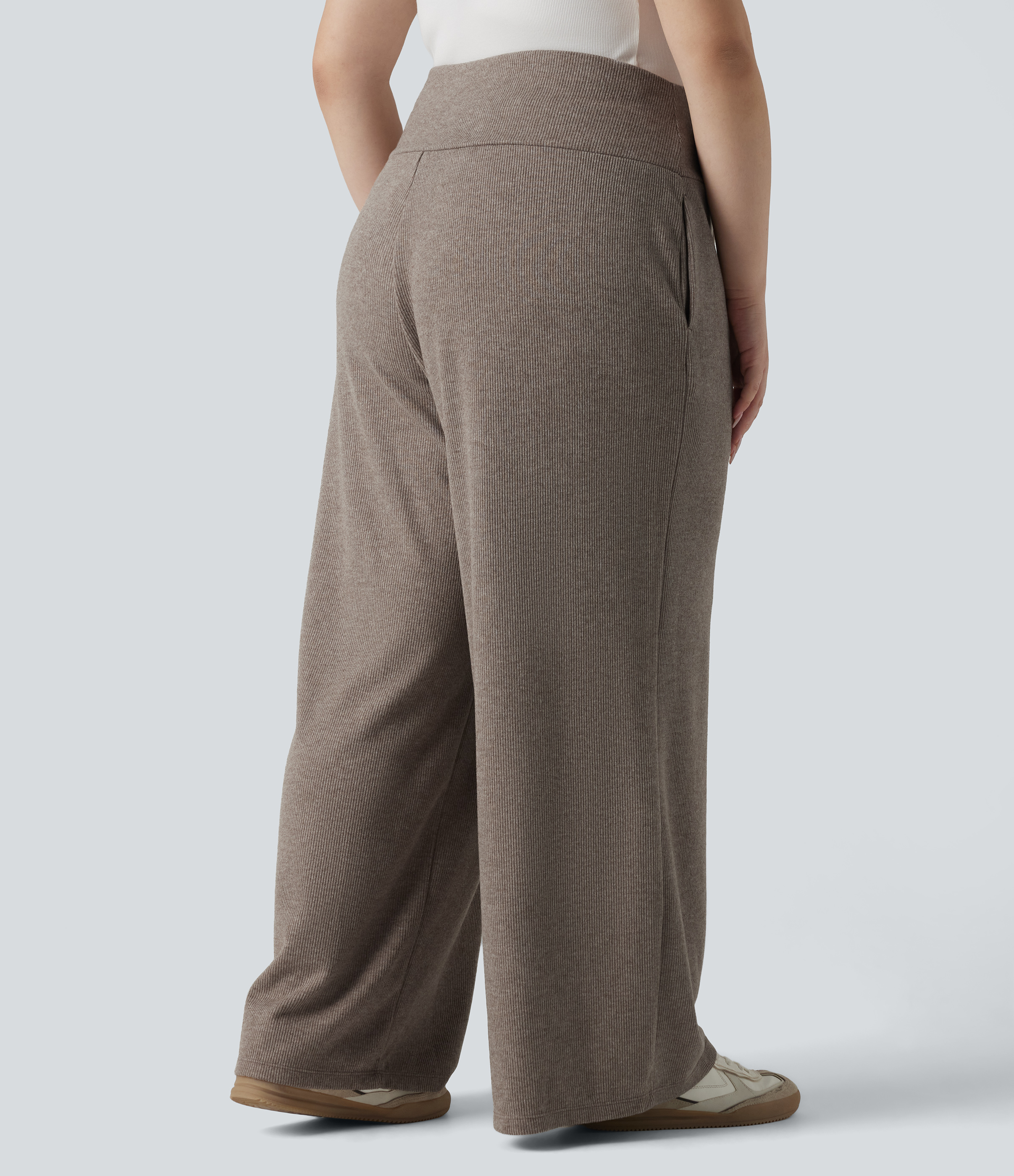  Taupe Stripe Plus Size Ribbed Knit High Waisted Tummy Control Drawstring Wide Leg Casual Pants with Pockets / 2