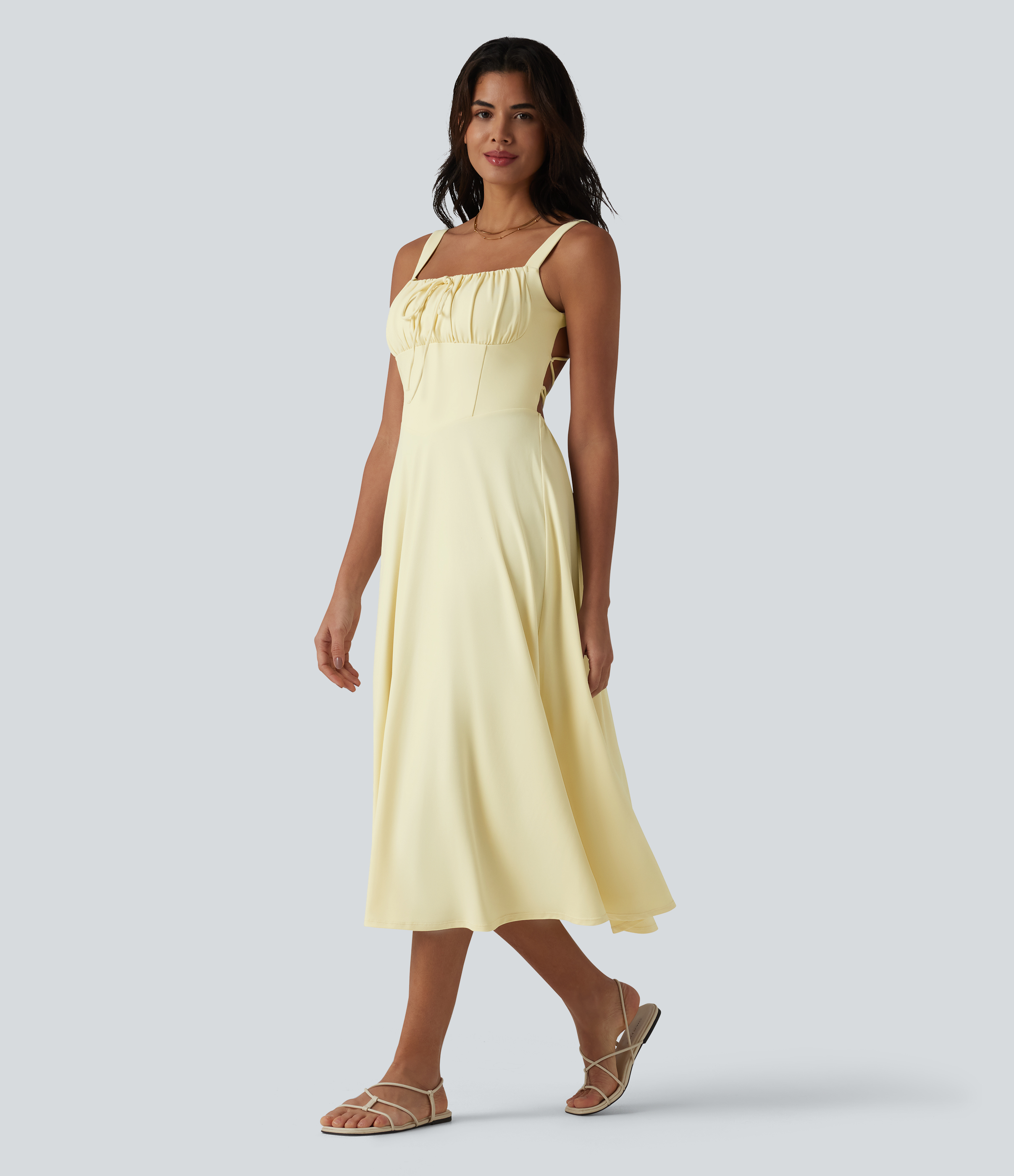 Crisscross Backless Square Neck Sleeveless Ruched Built-in Bra Midi Resort Flowy Dress