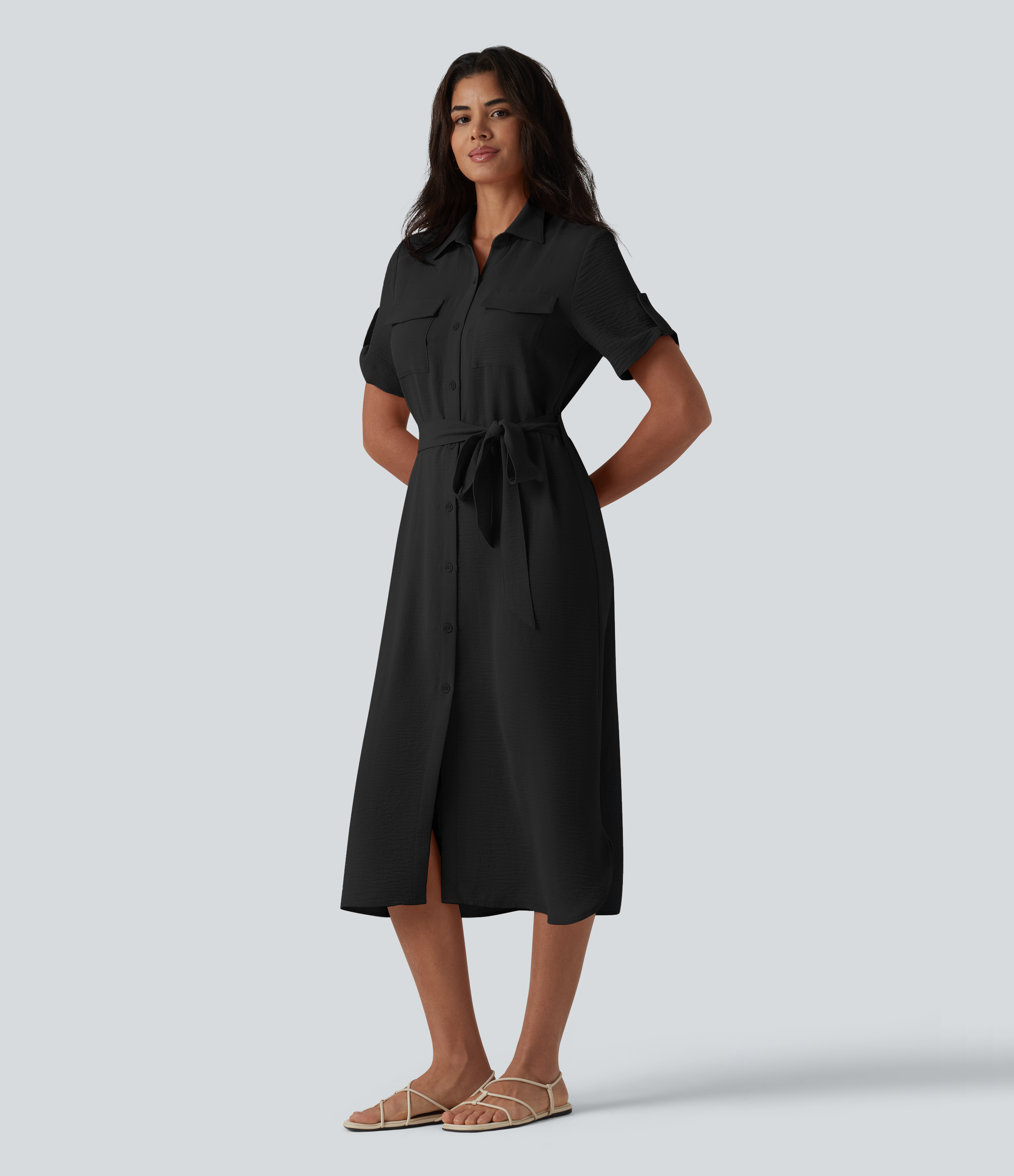 Robe-chemise midi casual à manches courtes aspect lin, ceinturée et avec poches