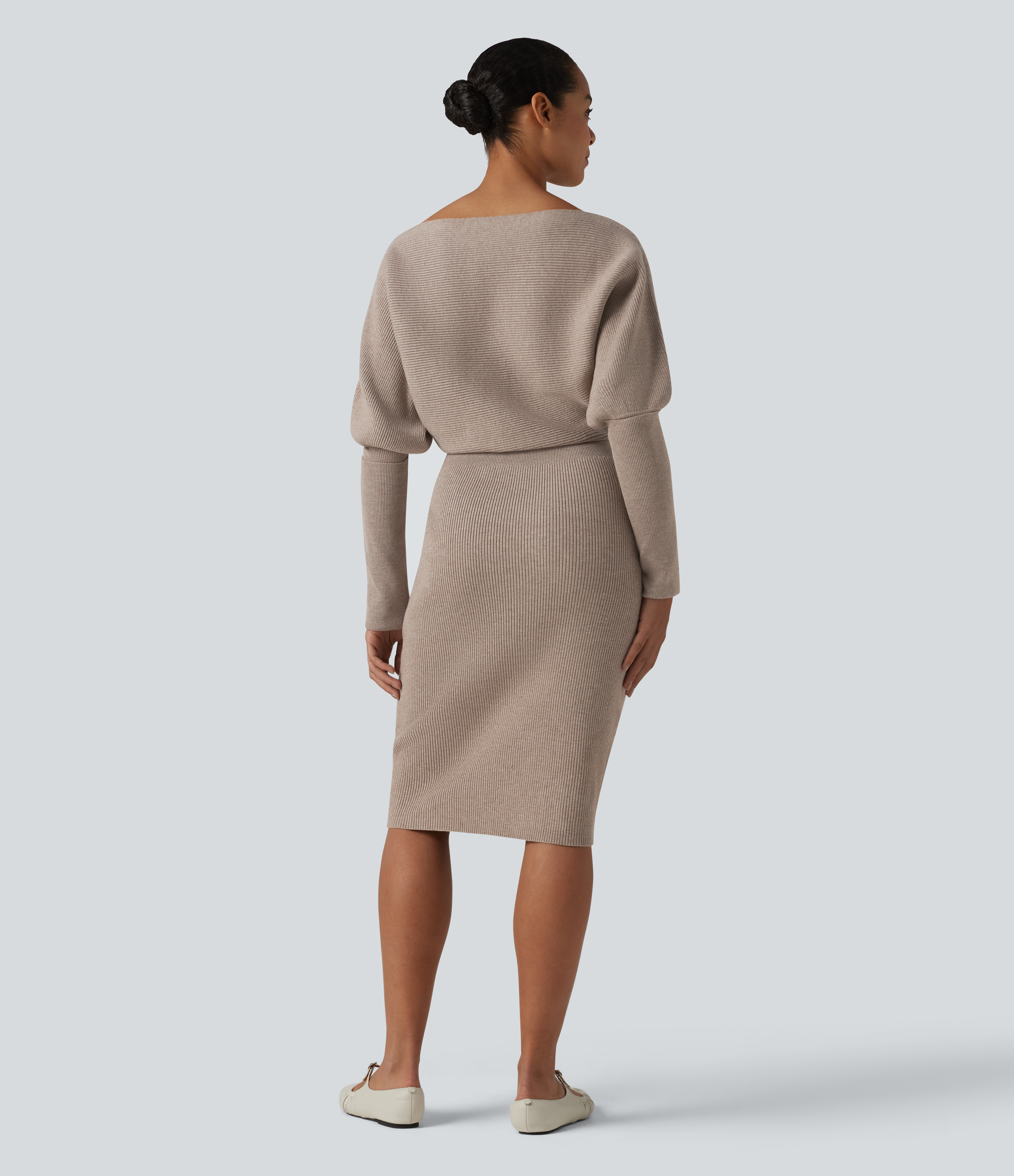 Oatstone Beige Long Sleeve Midi Casual Jumper Dress / 2