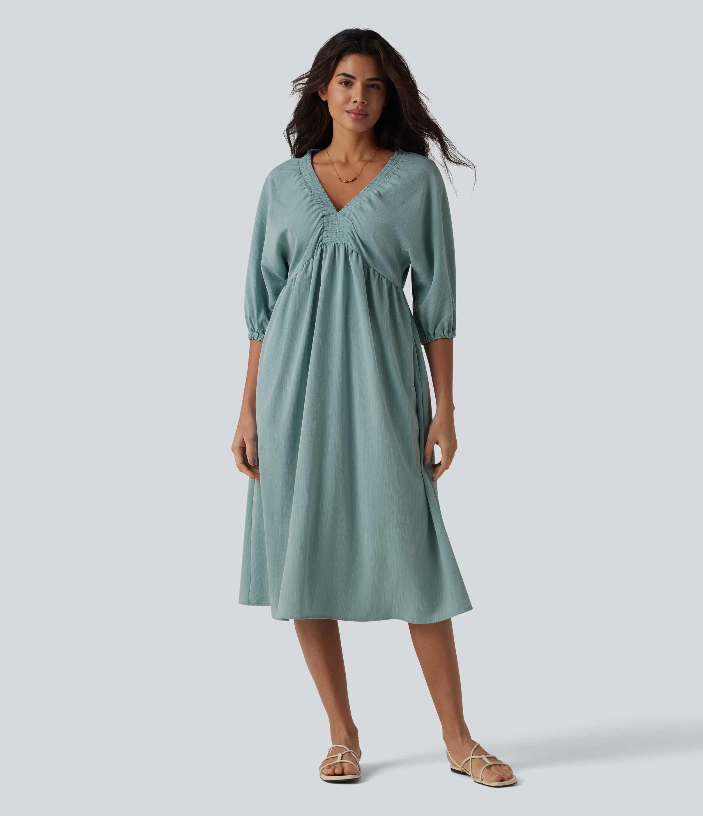 Robe Midi Été Femme Coton Lin Boutonnée Col V Poches Plissée Grandes Tailles S-5XL – Style Décontracté Chic