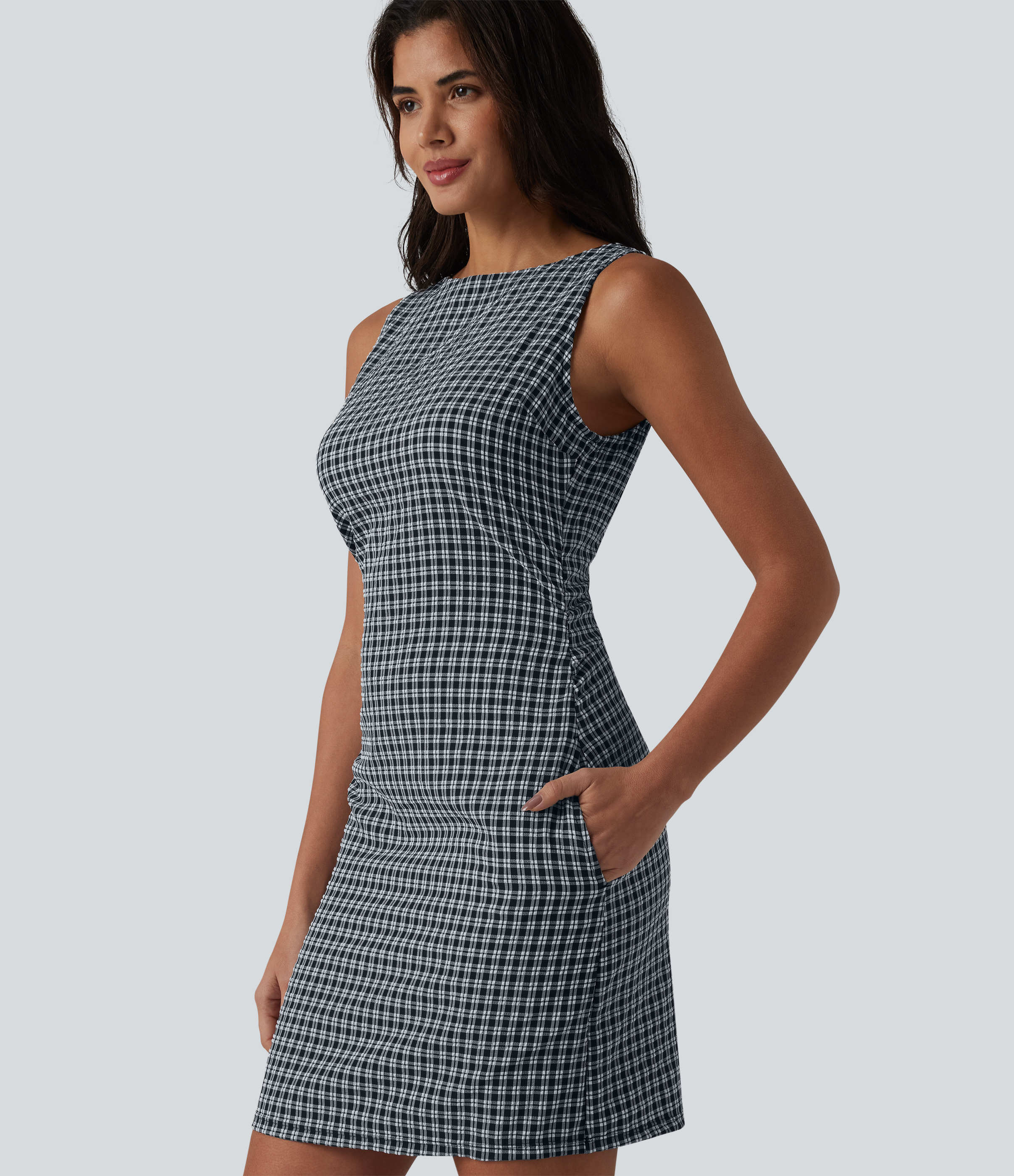 Boat Neck Sleeveless Gingham Mini Casual Dress with Pockets