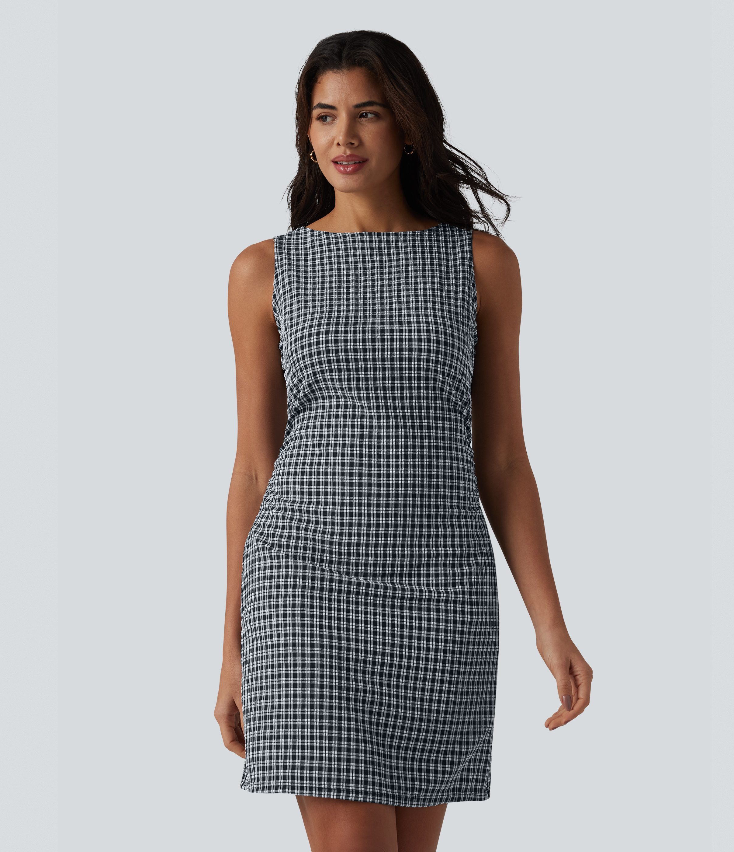 Boat Neck Sleeveless Gingham Mini Casual Dress with Pockets