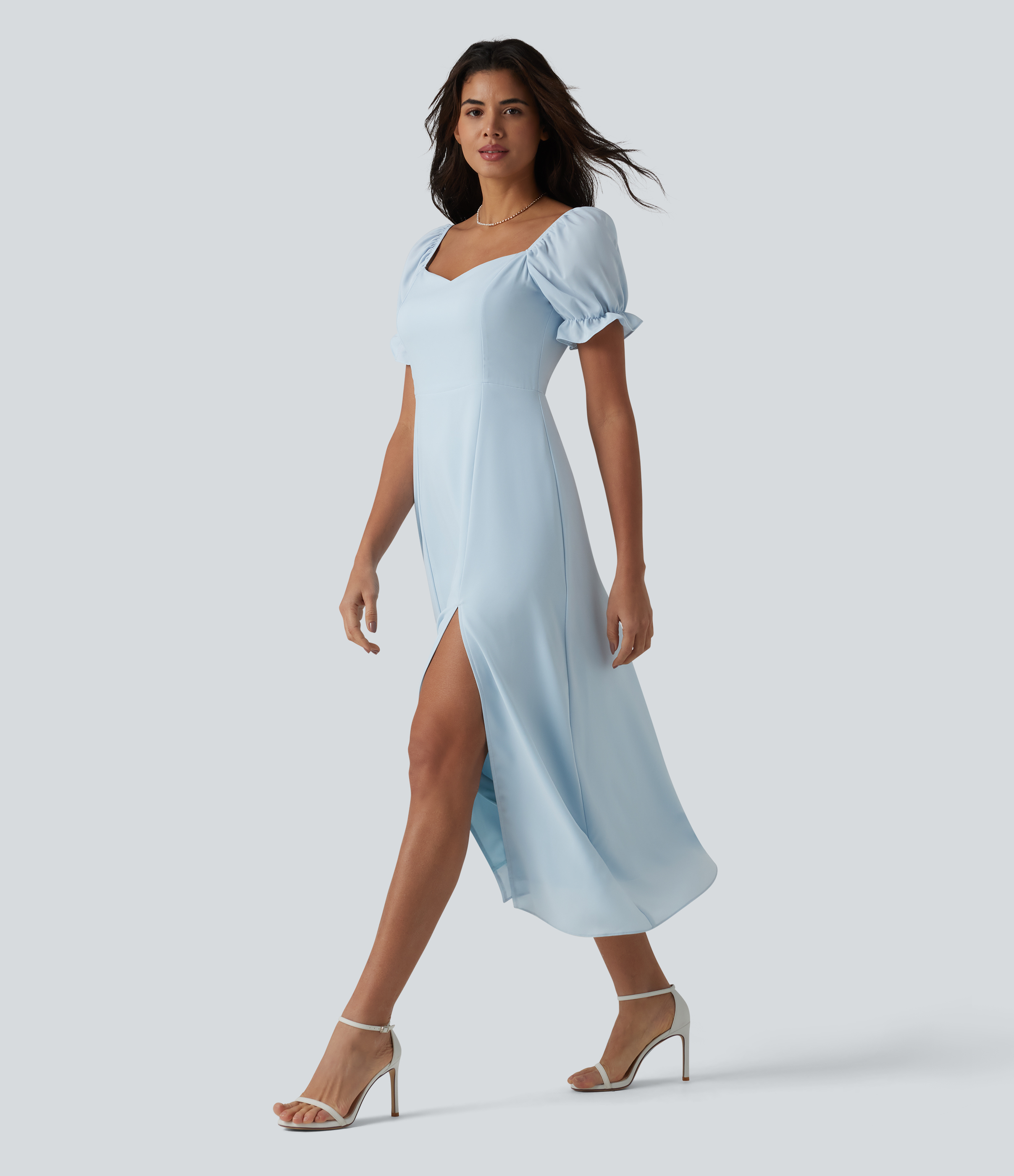 Queen Anne Neck Puff Sleeve Split Midi Chiffon Bridesmaid And Wedding Guest Dress