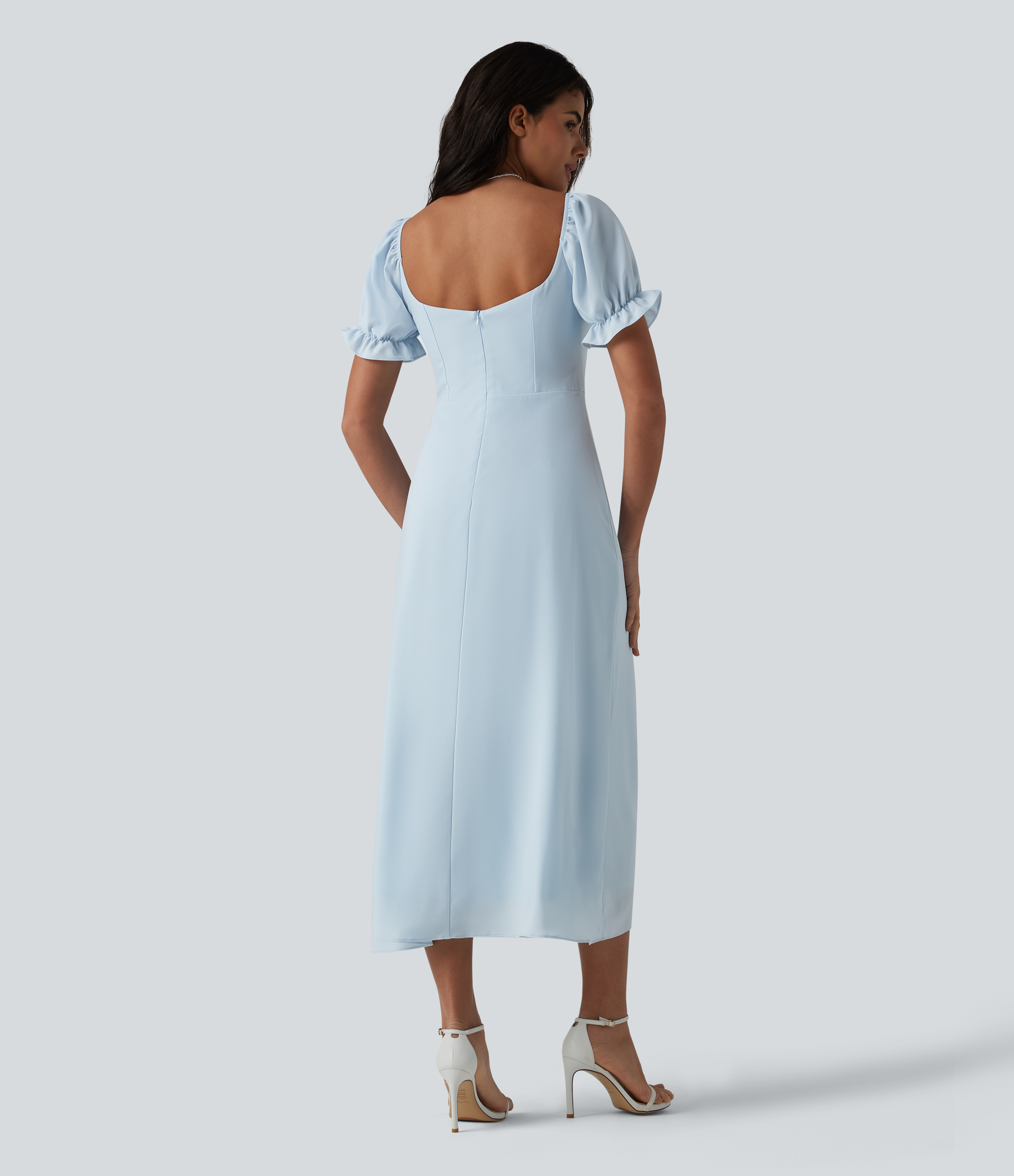 Ice Water Chiffon midi-jurk met Queen Anne-hals, pofmouwen en split, voor bruidsmeisje en bruiloftsgast / 2