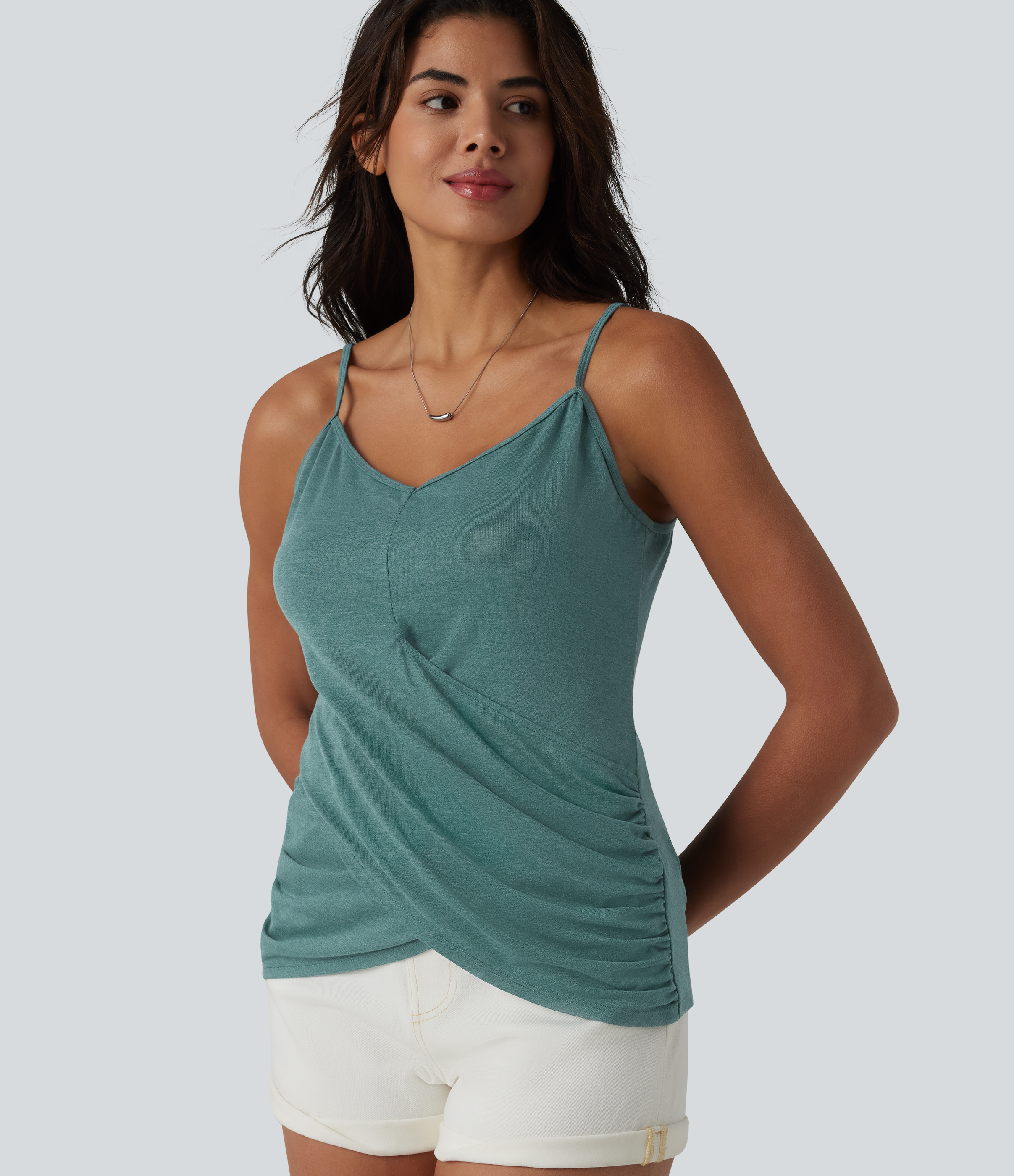 Adjustable Straps Ruched Crossover Hem Casual Heathered Tank Top