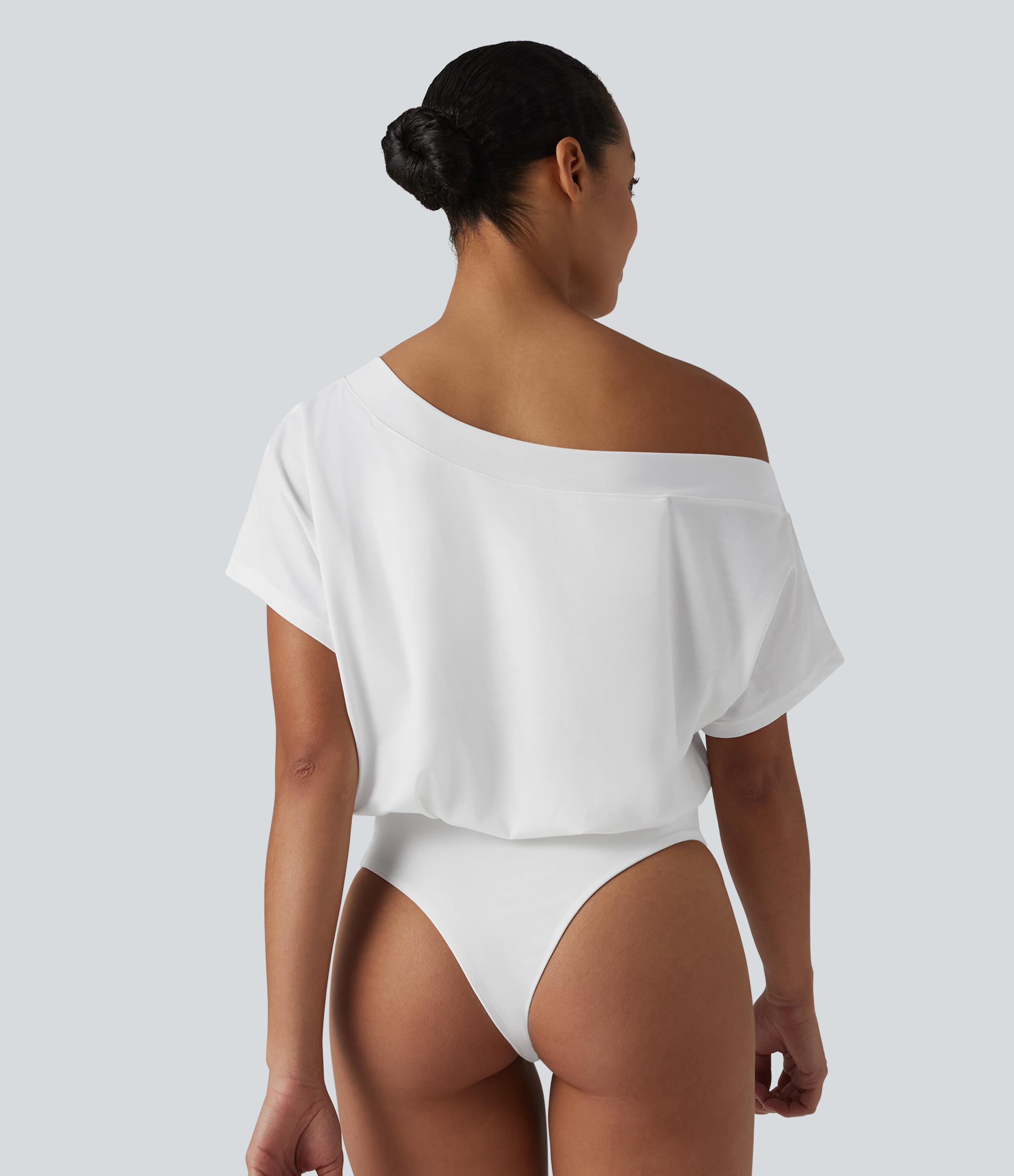 White One Shoulder Built-in Bra Short Sleeve Quick Dry Casual Bodysuit / 2
