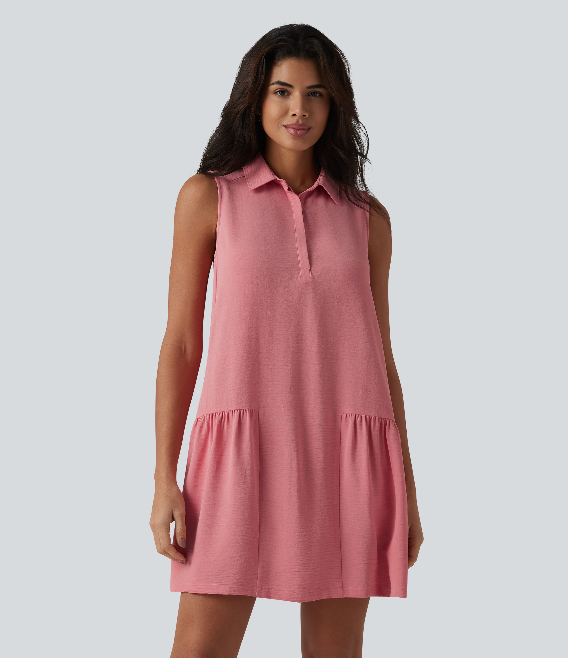 Robe-chemise courte casual sans manches aspect lin, avec poches