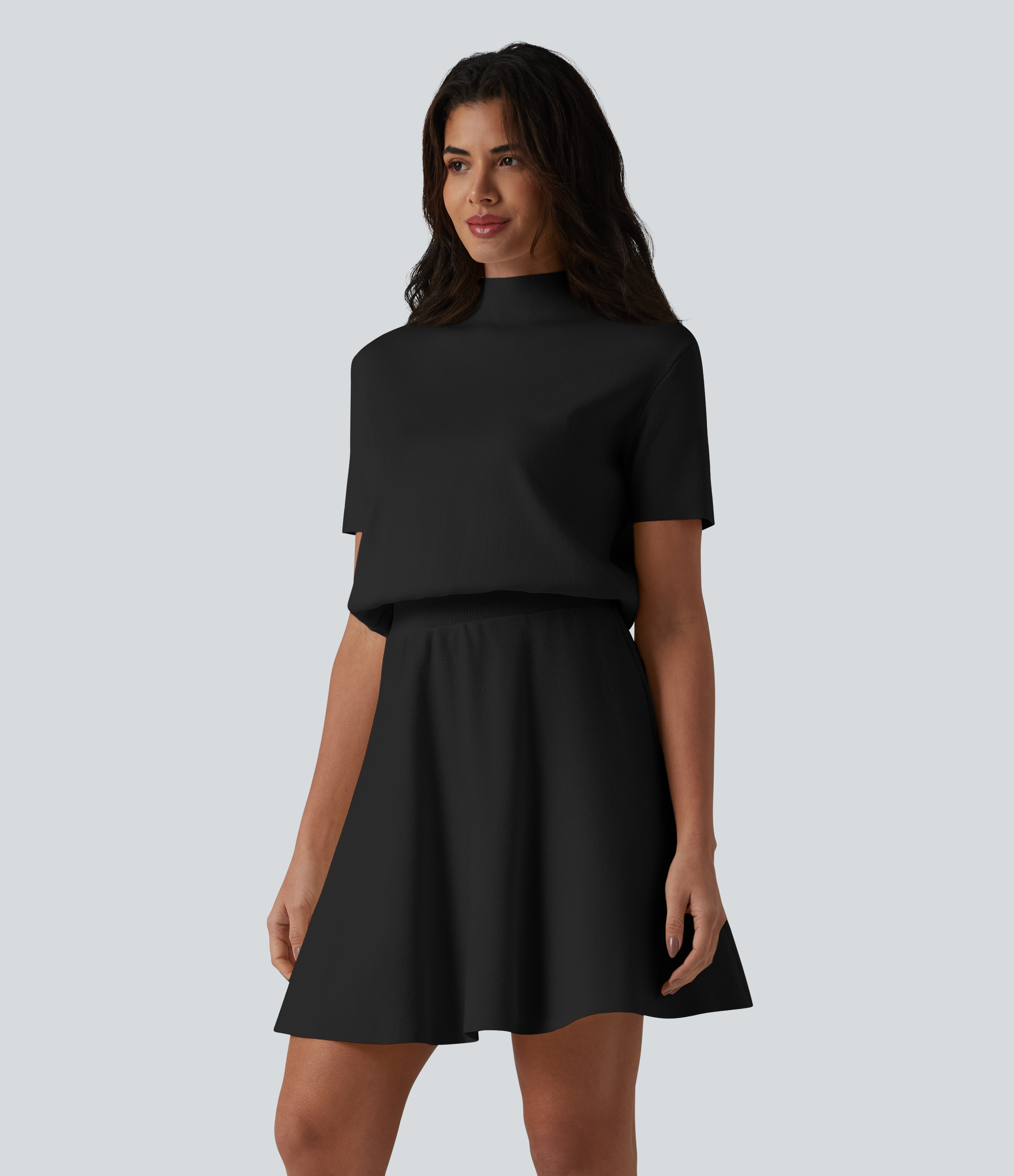 Noir Robe pull courte casual col cheminée à manches courtes, coupe trapèze / 2