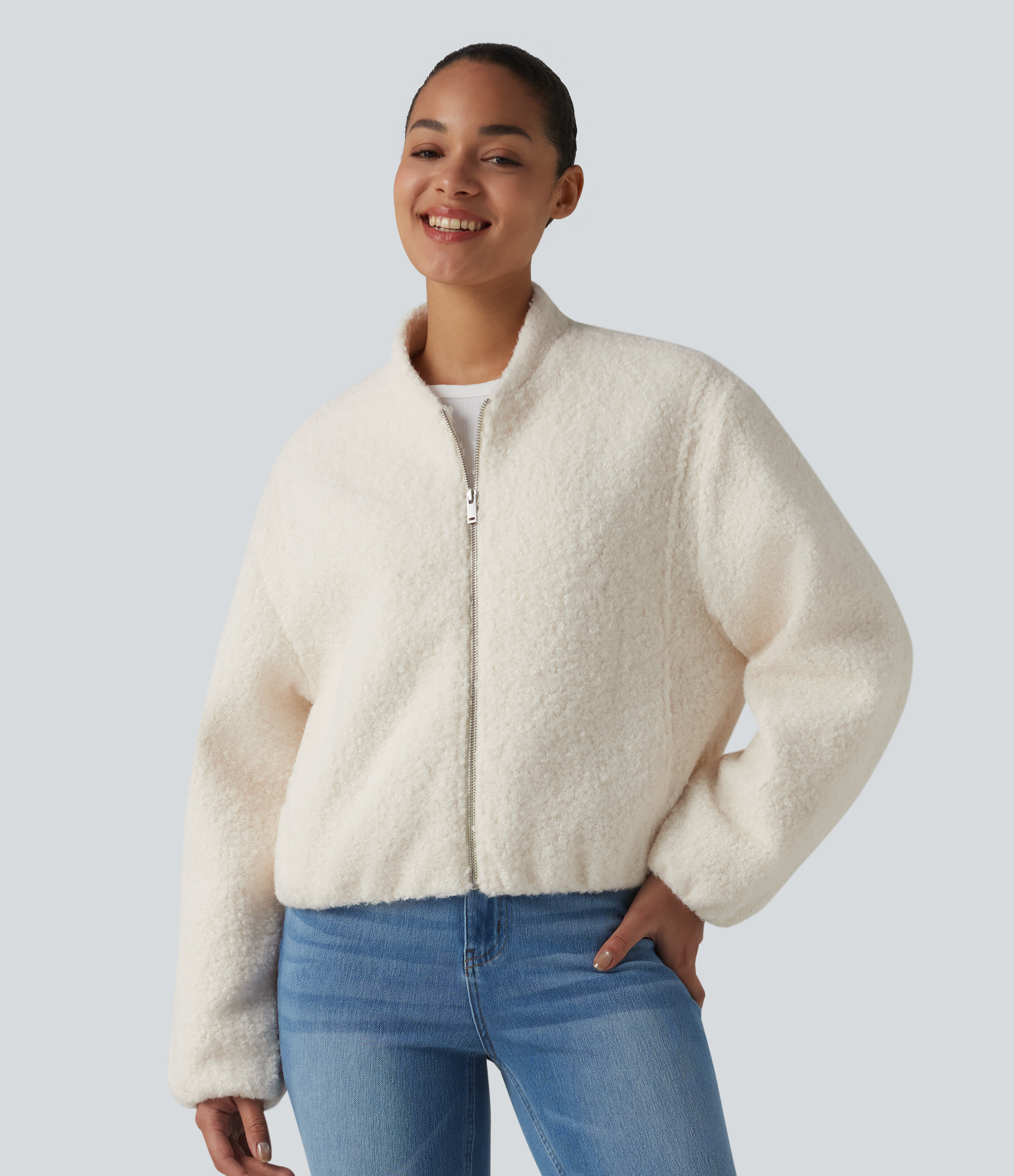 Zip Fly Casual Sherpa Jacket with Pockets