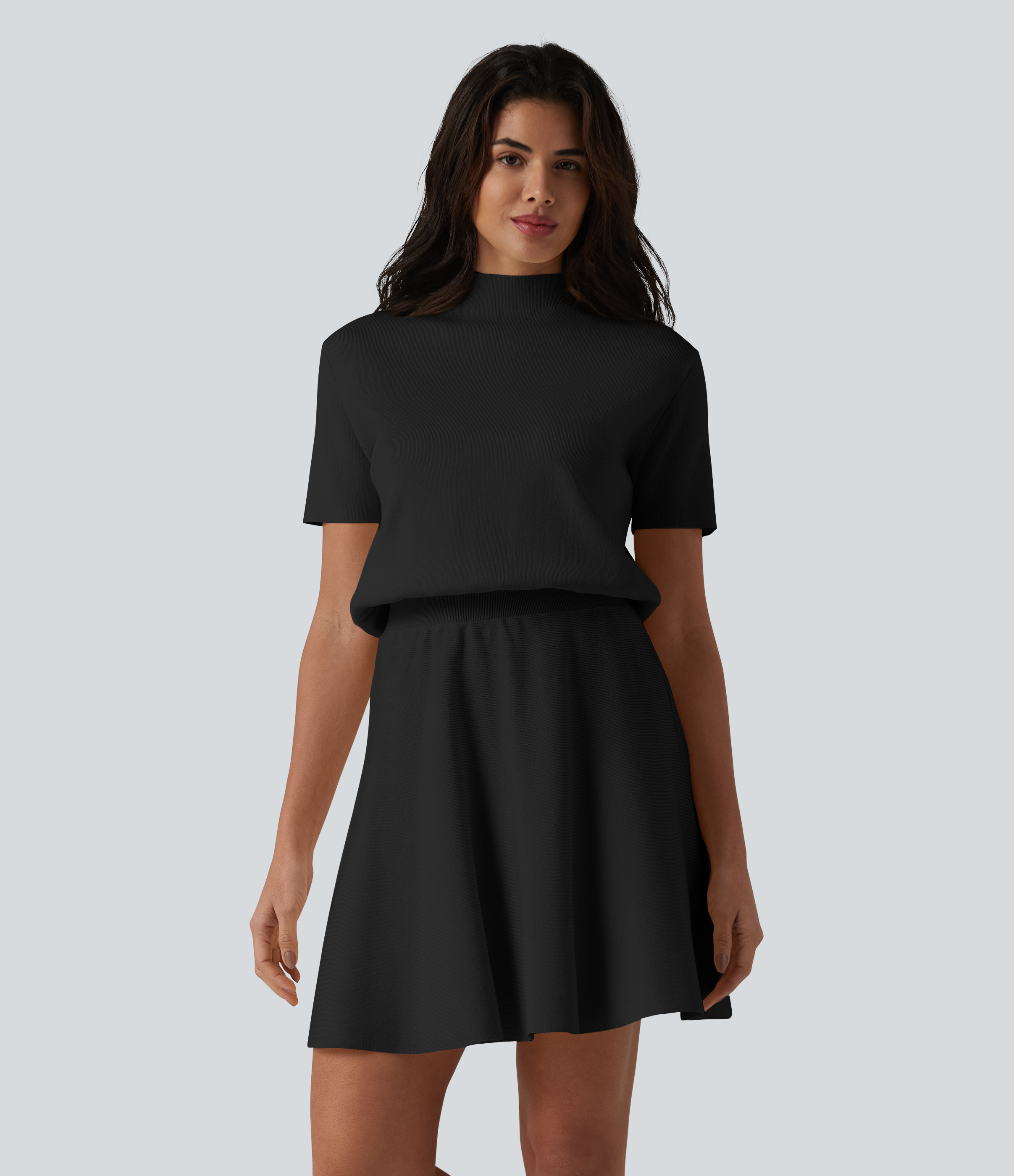 Robe pull courte casual col cheminée à manches courtes, coupe trapèze