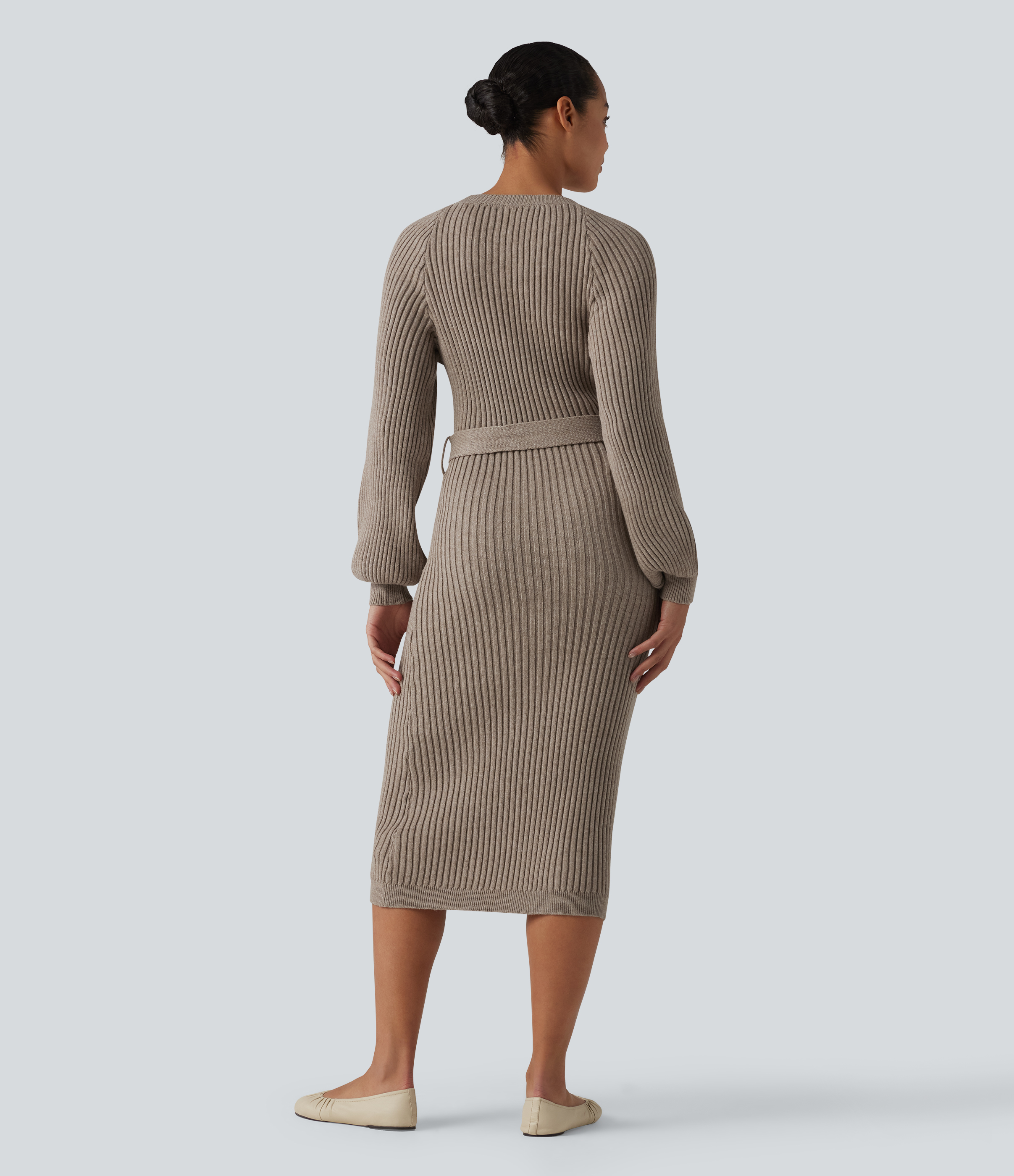 Mocha Meringue Round Neck Long Sleeve Belted Midi Casual Sweater Dress / 2