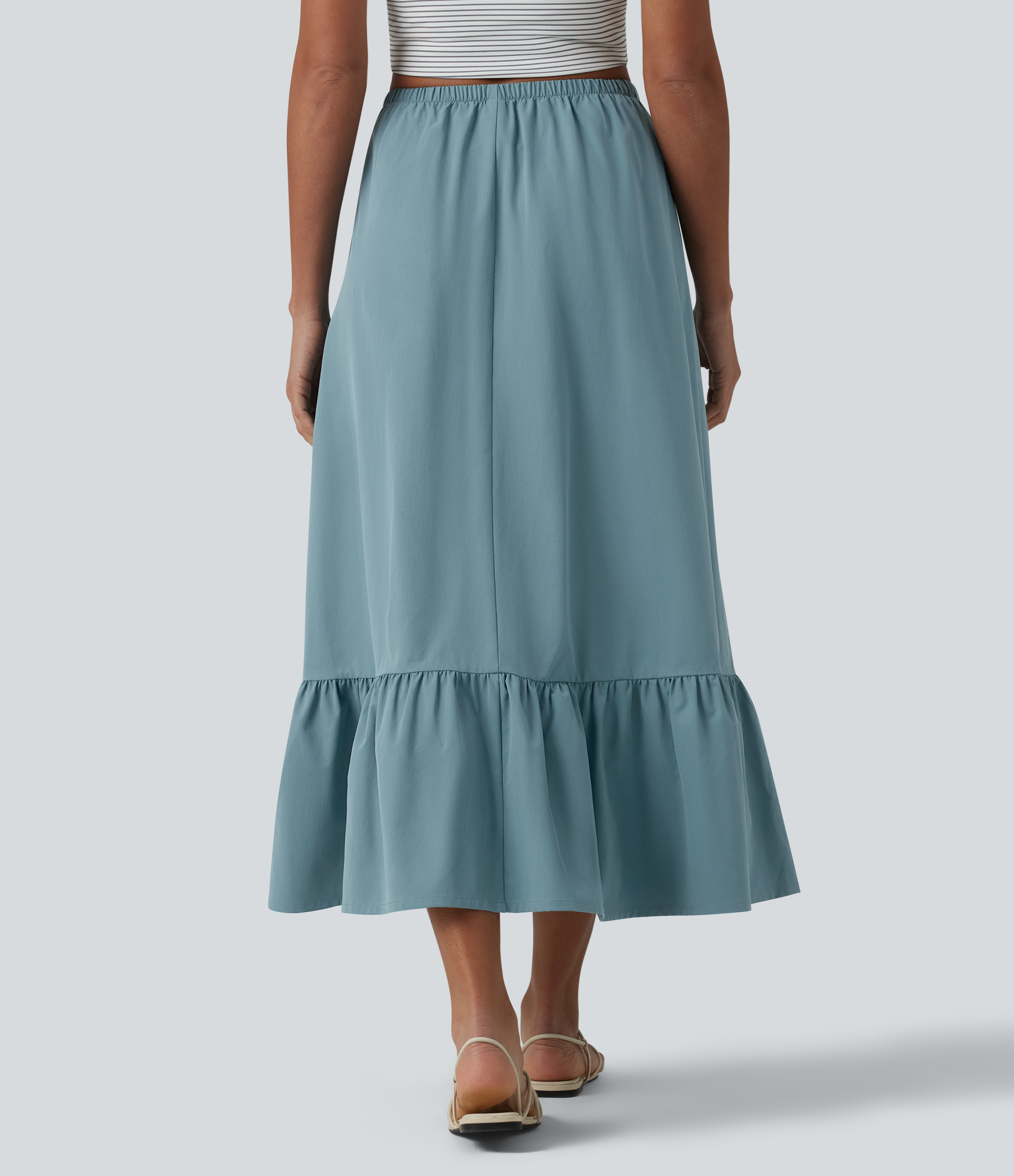 Stone Blue High Waisted Drawstring Ruffle Hem A-line Midi Stretchy Poplin Casual Skirt with Pockets / 2