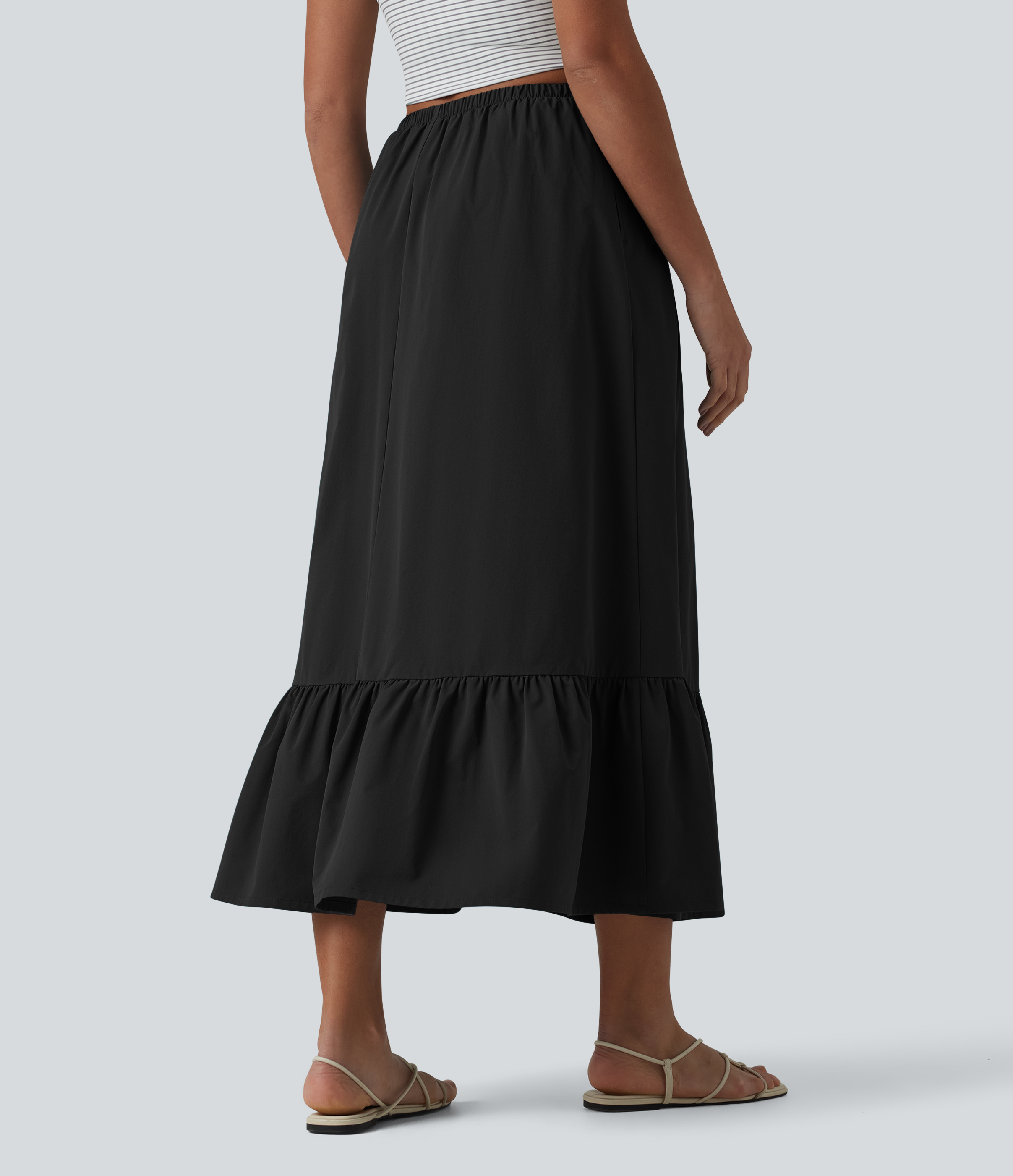 Black High Waisted Drawstring Ruffle Hem A-line Midi Stretchy Poplin Casual Skirt with Pockets / 2