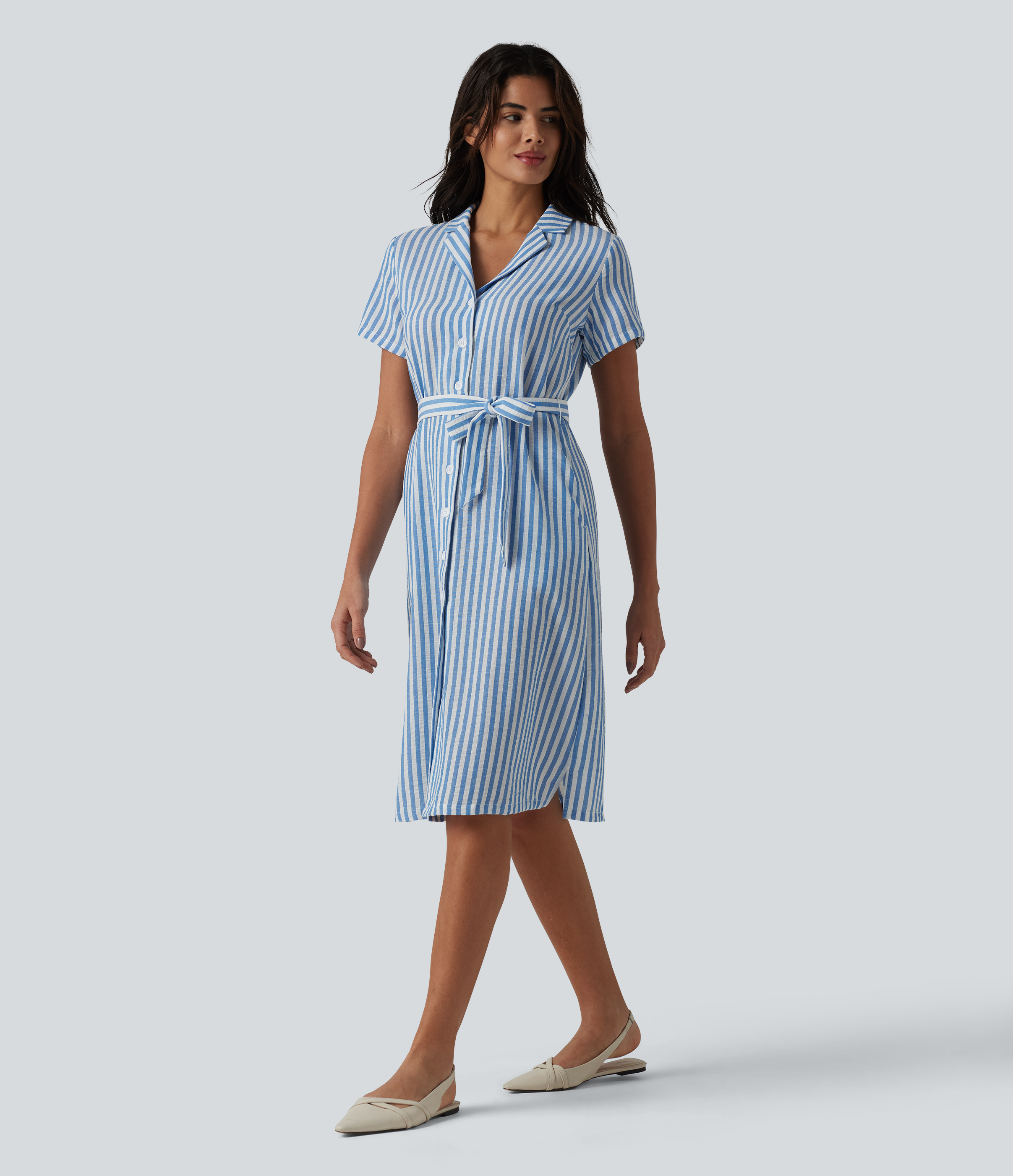 Collar Short Sleeve Belted Midi Stripe Linen-Feel Work Shirt Dress with Pockets