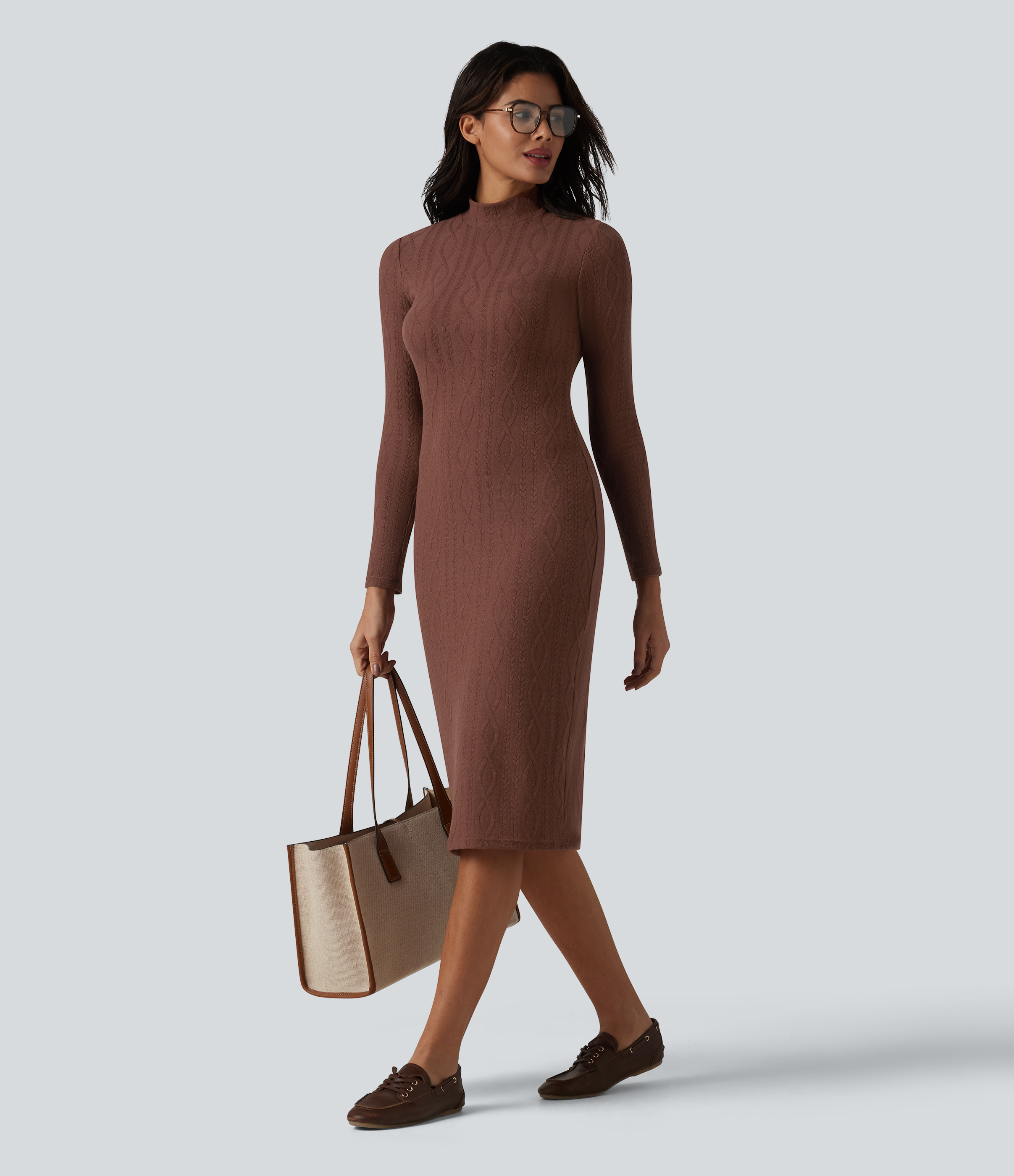 High-neck Long Sleeve Bodycon Midi Cable Knit Work Dress