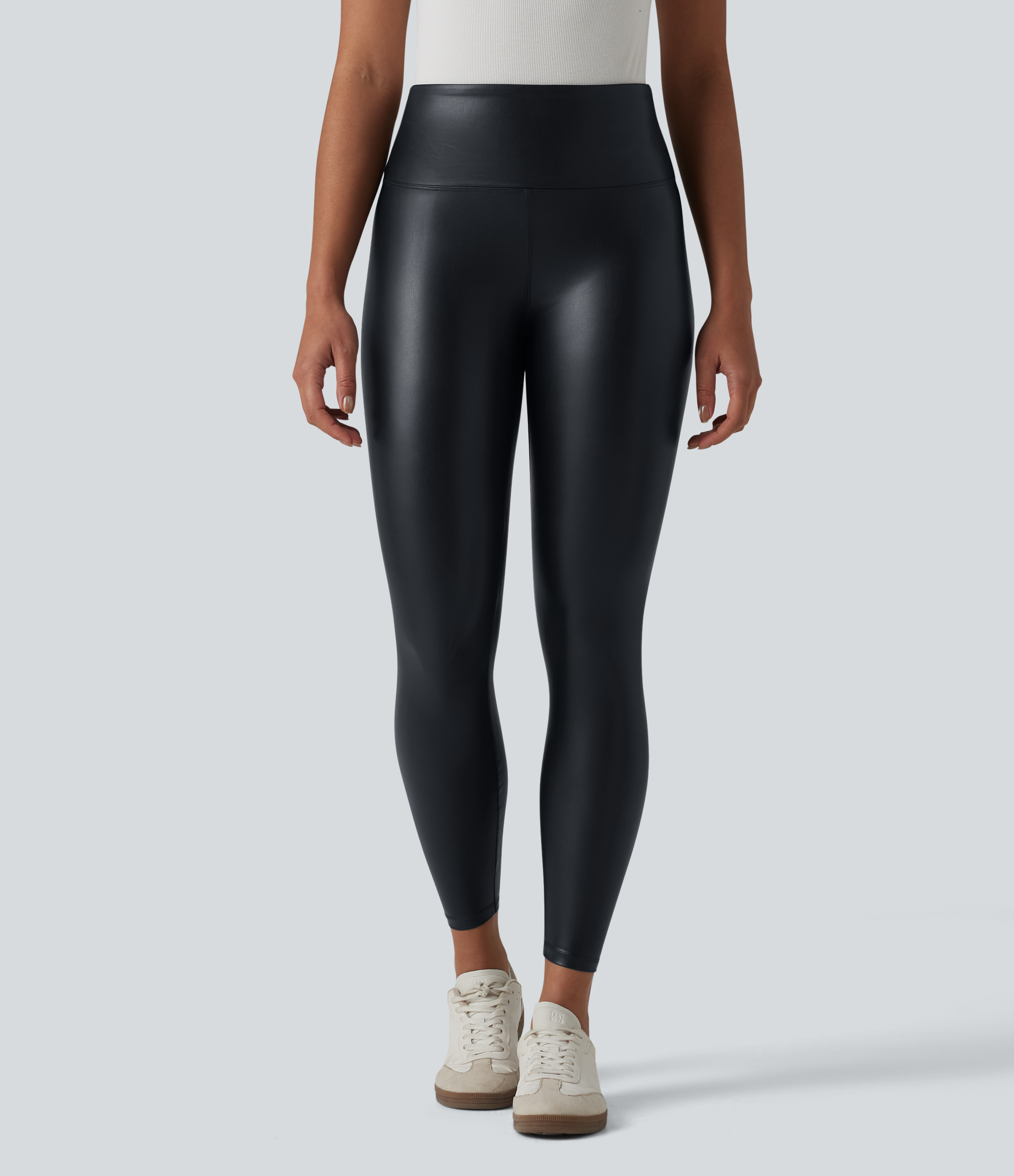 High Waisted Tummy Control Stretchy PU Casual 7/8 Leggings with Pockets