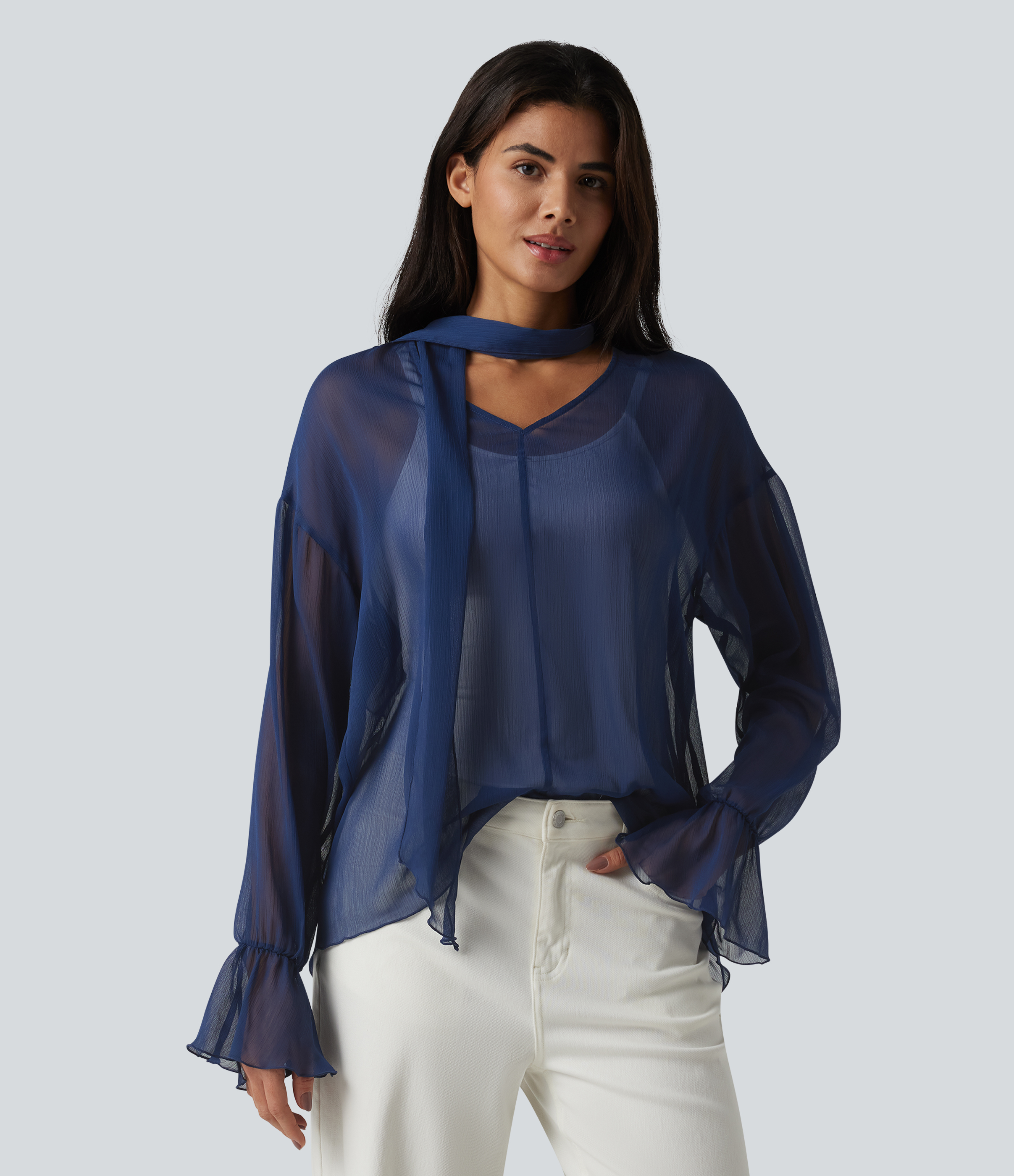 Sheer V Neck Long Sleeve Work Shirt