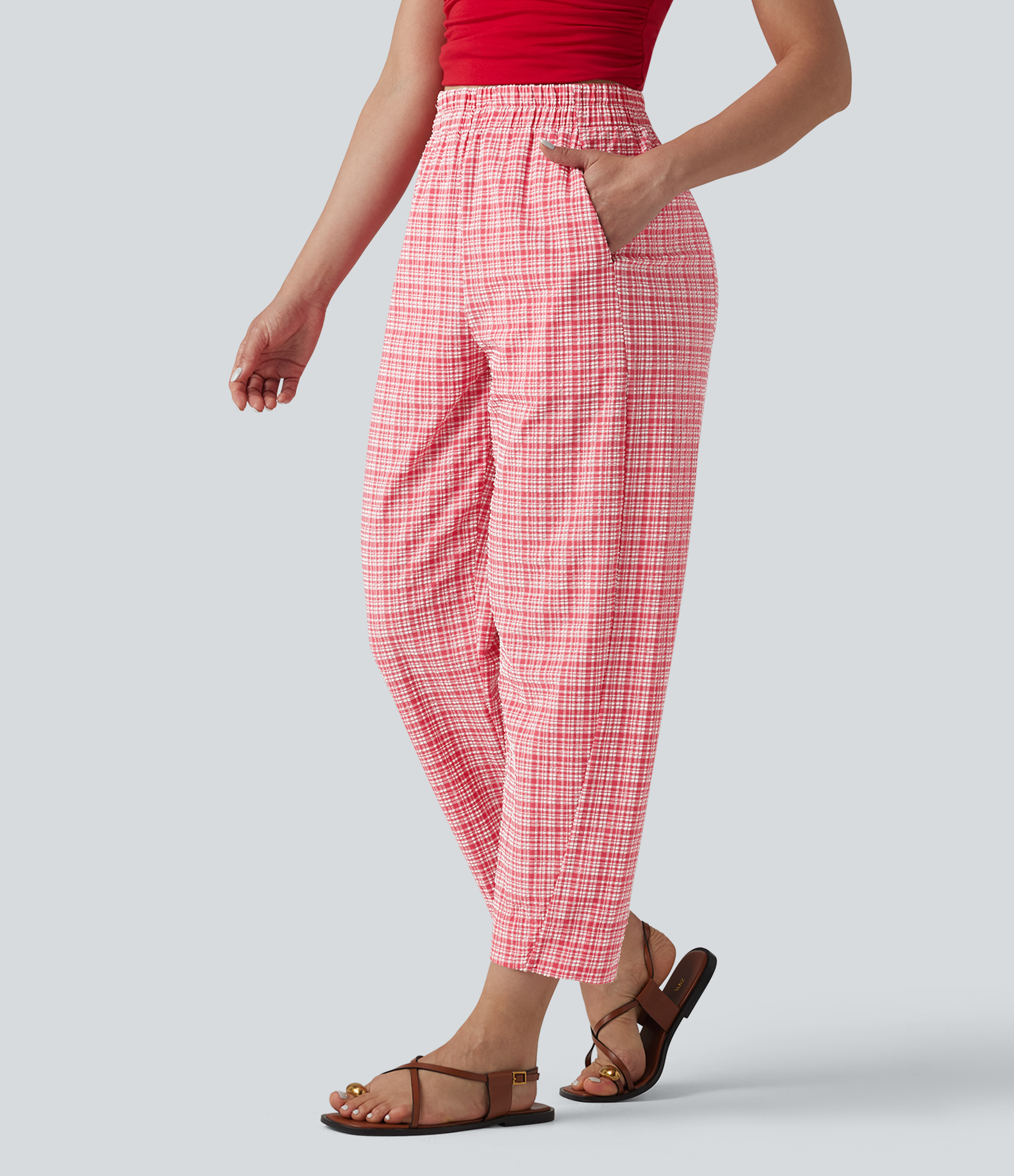High Waisted Crinkle Plaid Casual Pants with Pockets
