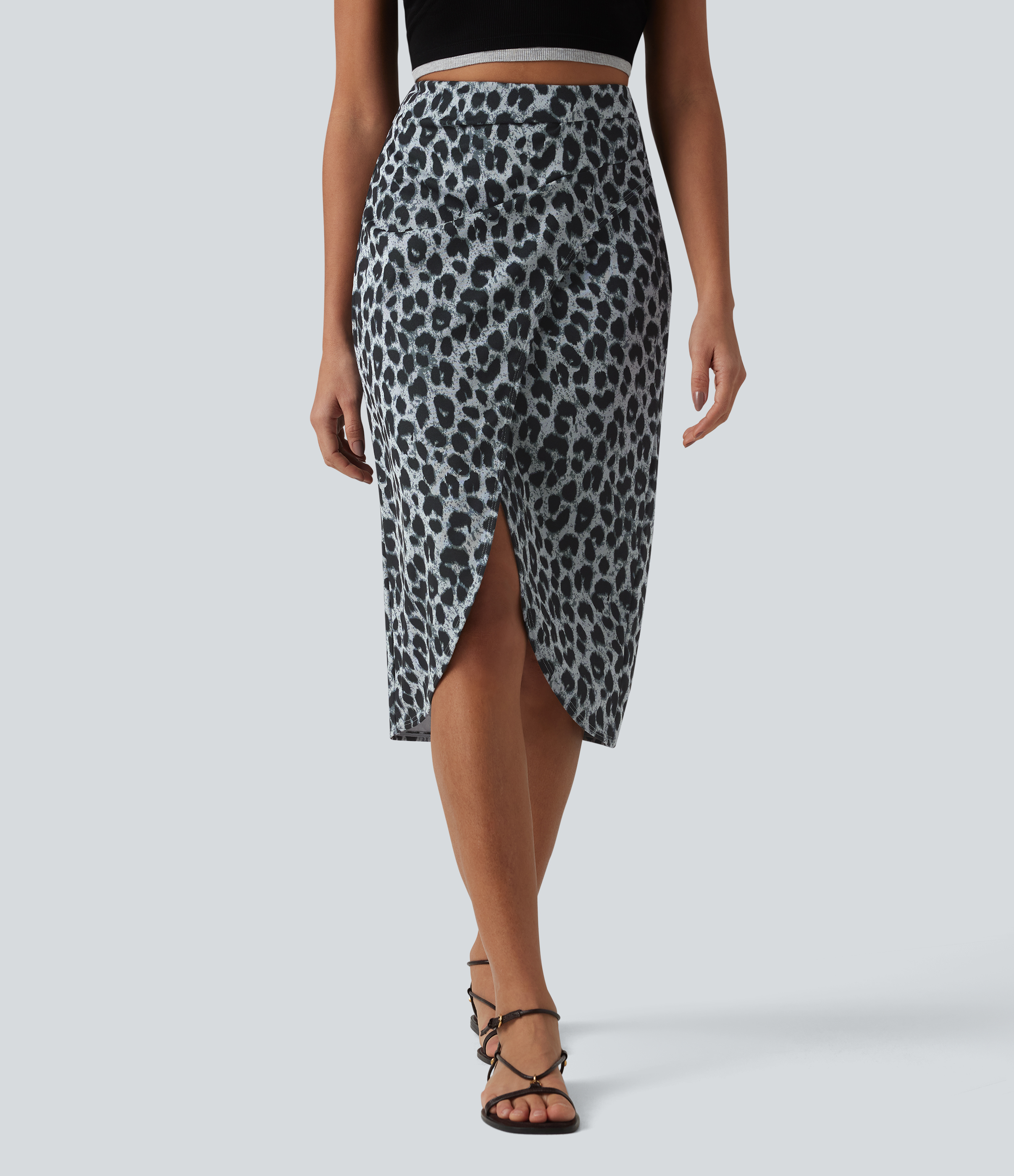 High Waisted Ruched Midi Leopard Print Waffle Casual Tulip Skirt