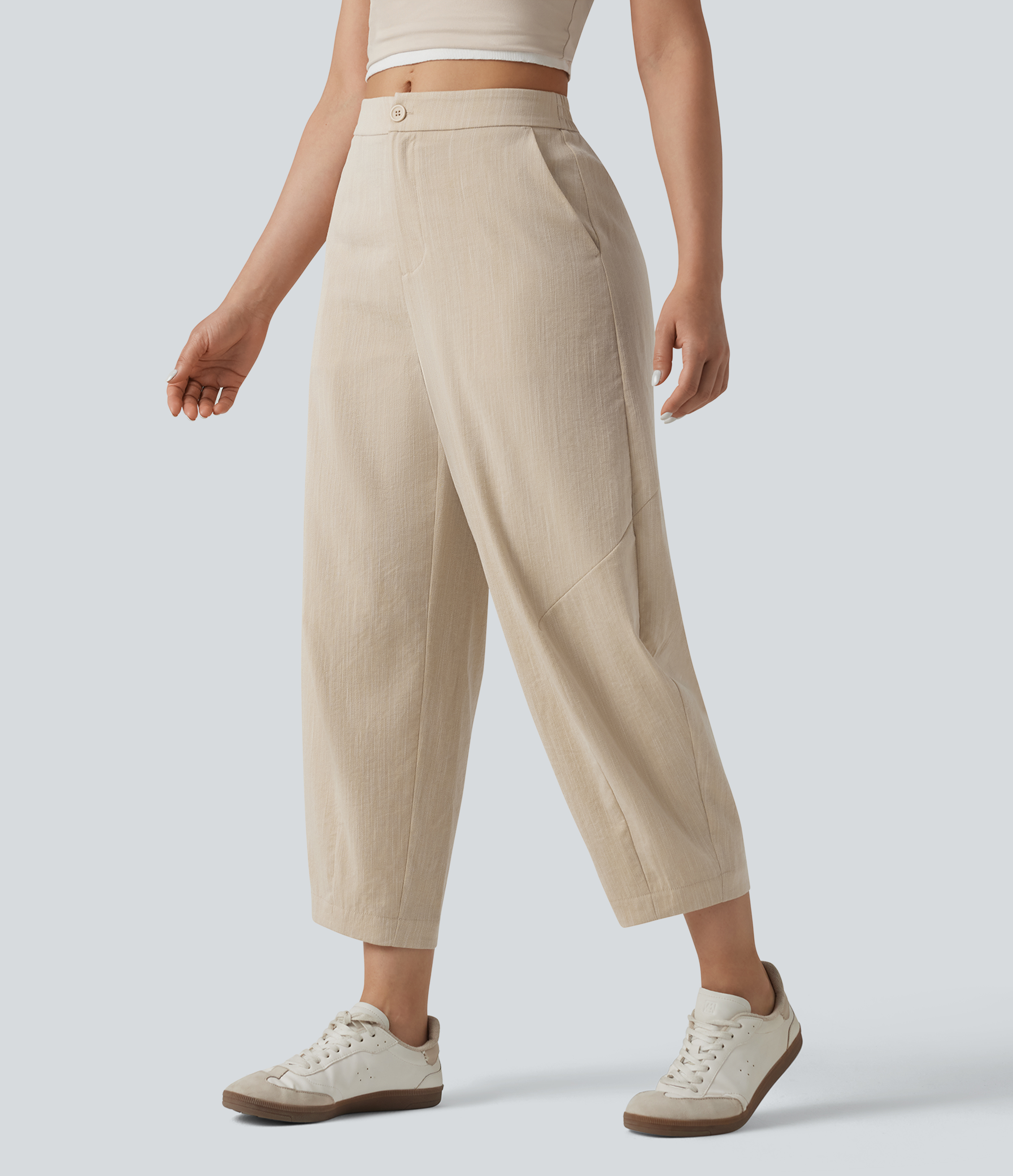 Mid Rise Linen-Feel Casual Barrel Leg Trousers with Pockets