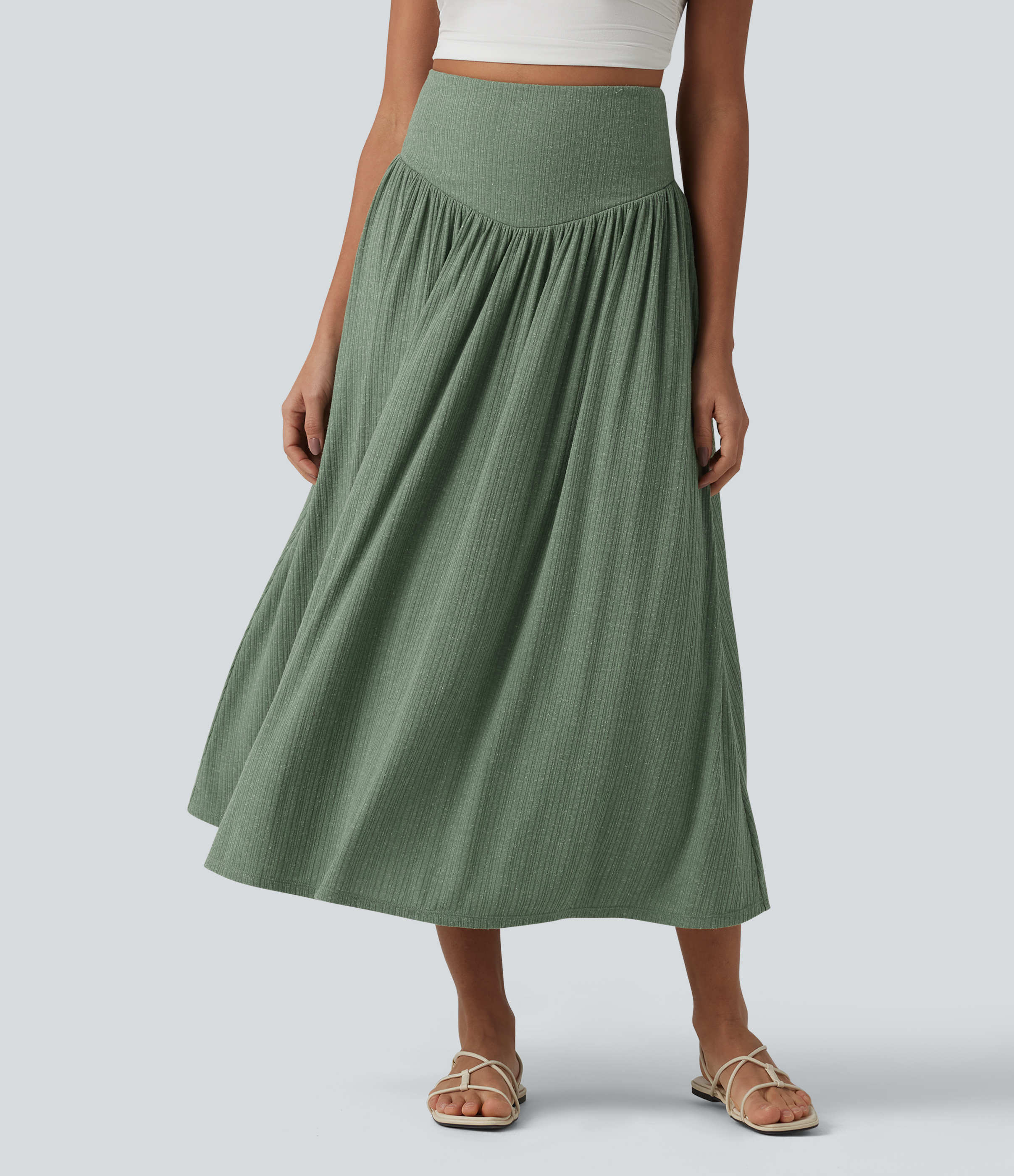 Ribbed Knit High Waisted Tummy Control Flowy Midi Casual Linen-Blend Skirt