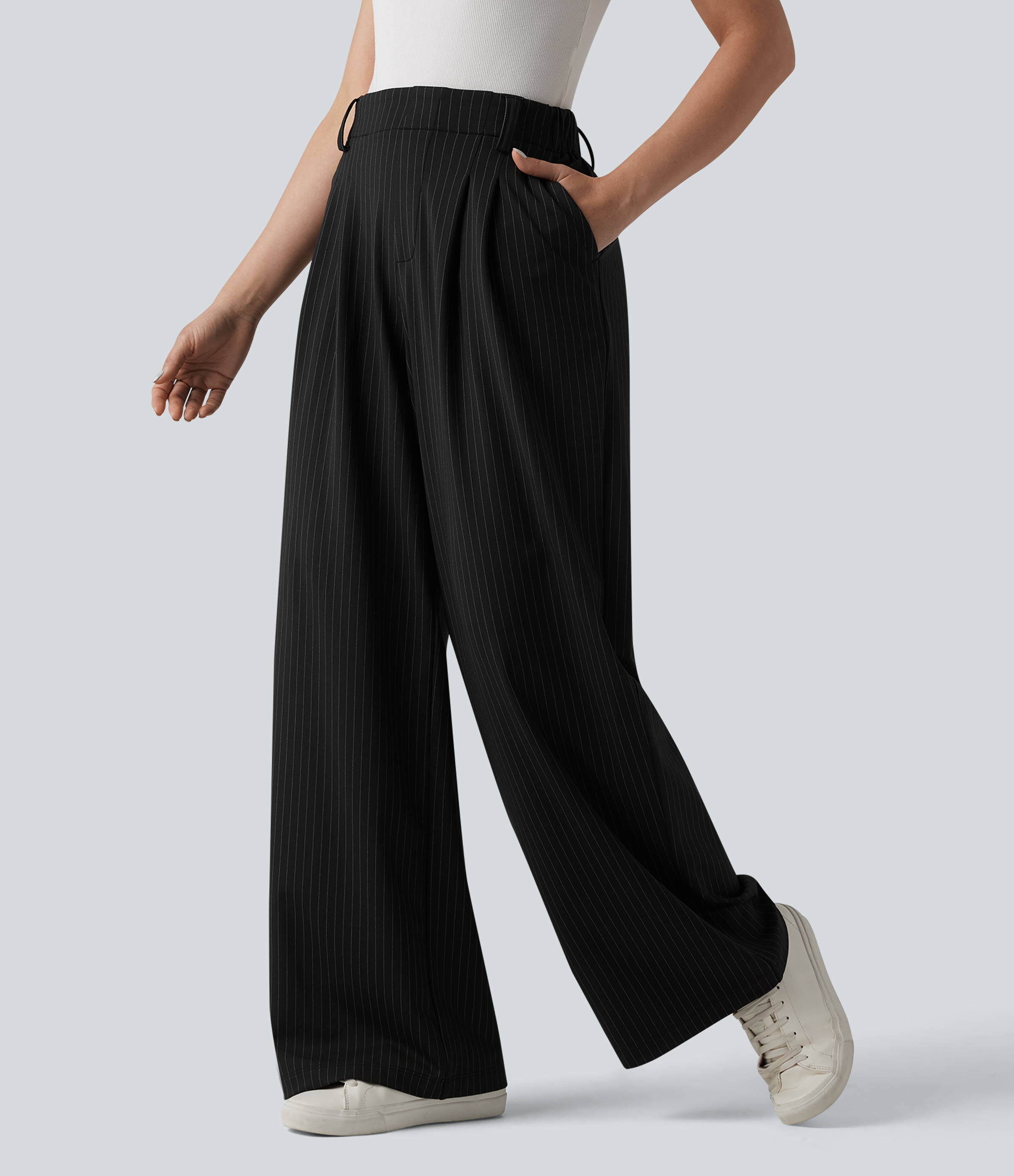 High Waisted Stripes Work Wide Leg Pants with Pockets